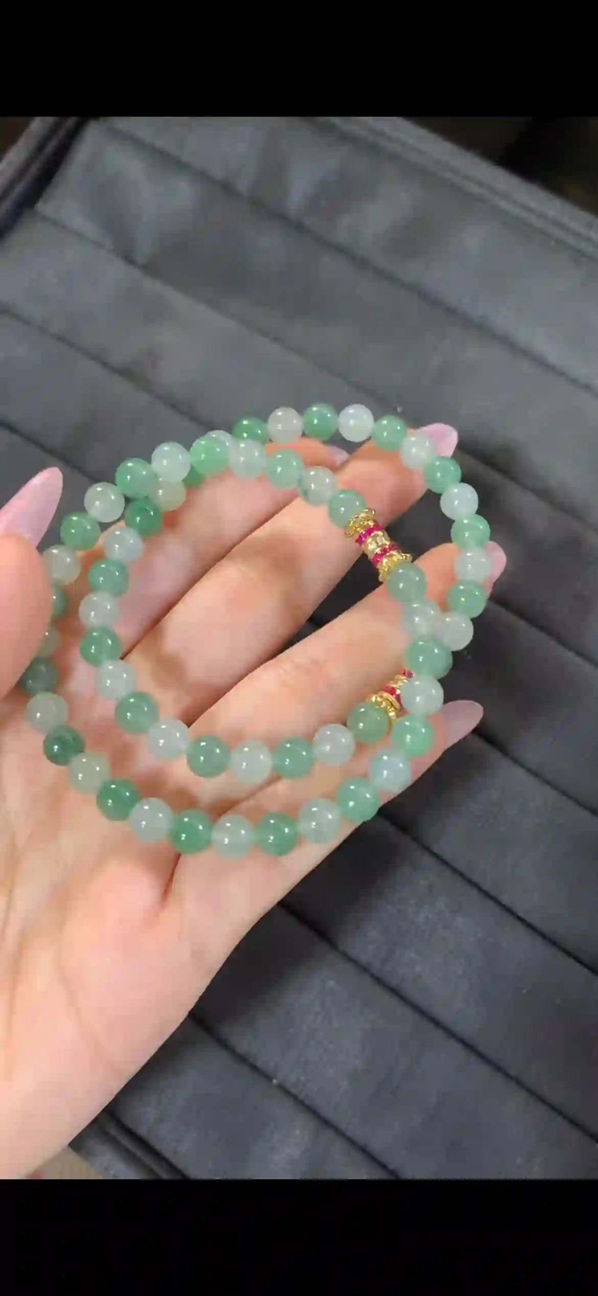   Natural Icy Gradient Green Jadeite Double Wrap Bead Bracelet, view 2 | Myanmar Jadeite reference #7140001
