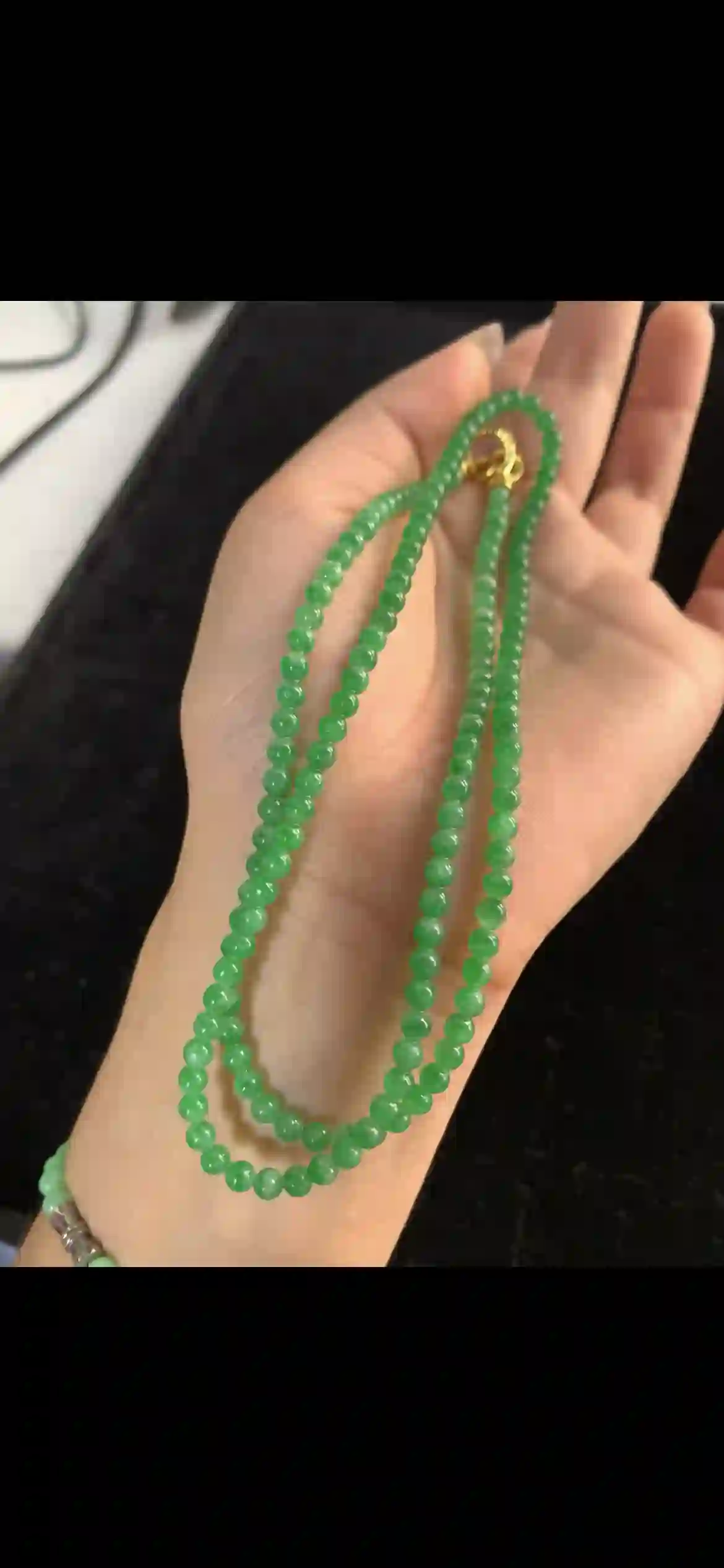 Vibrant Emerald Green Jade Beaded Necklace with Gold Clasp, view 2 | Myanmar Jadeite reference #29100001