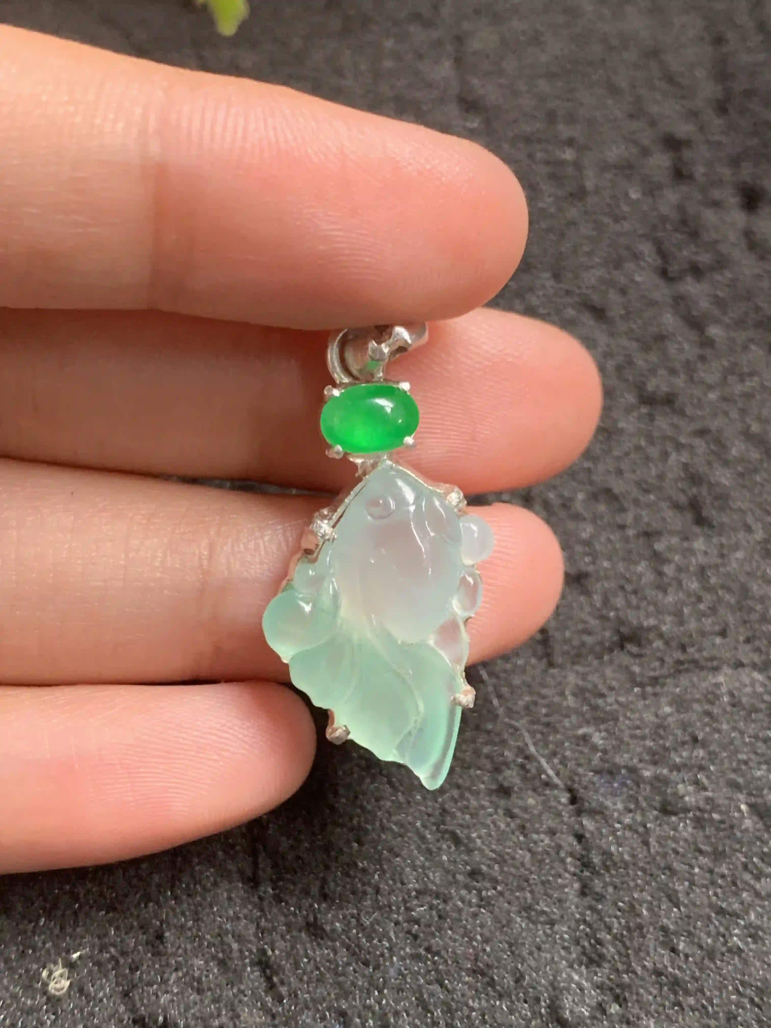 Translucent Green Jadeite Goldfish Pendant with Emerald Accent, view 2 | Myanmar Jadeite reference #150001