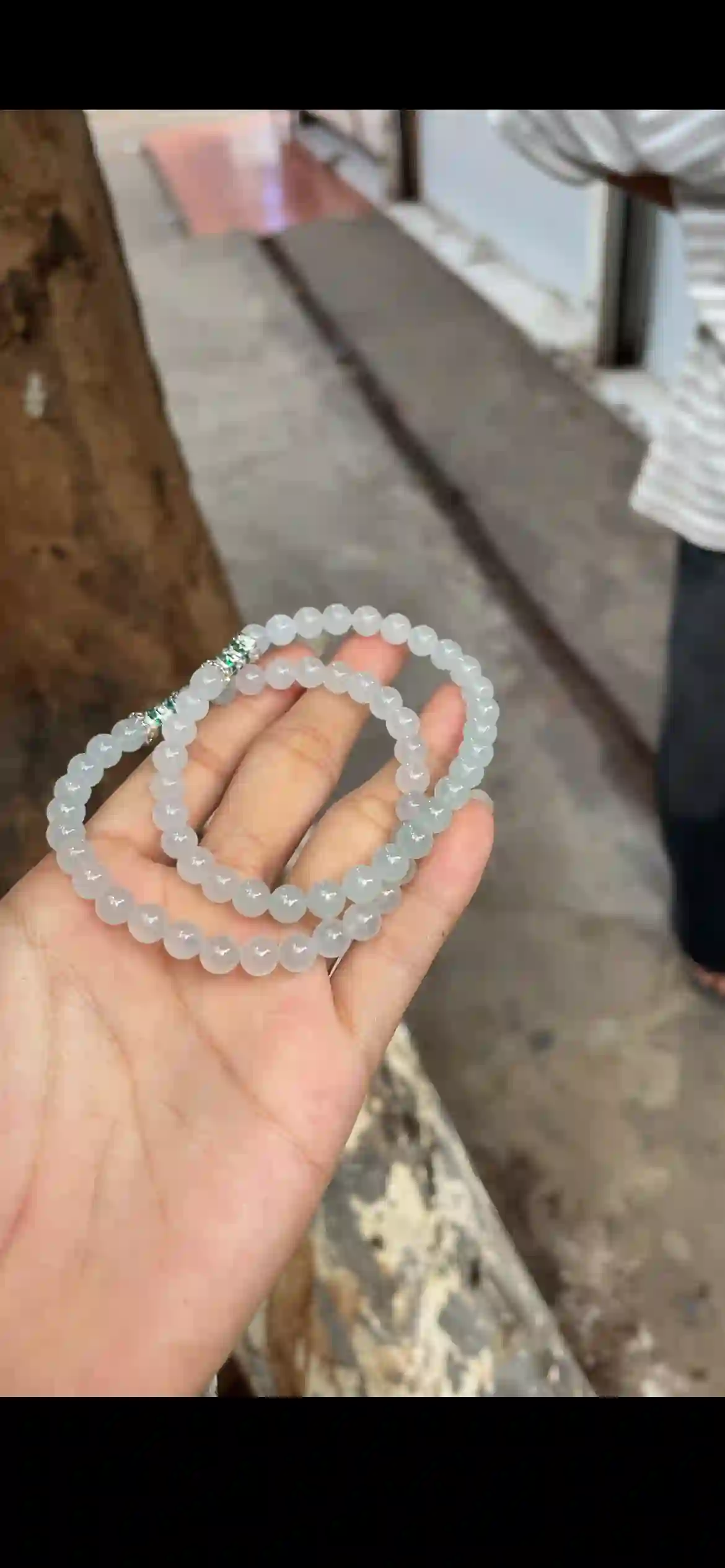 Icy White Jade Beaded Necklace & Wrap Bracelet with Emerald Accent | Myanmar Jadeite reference #27150001