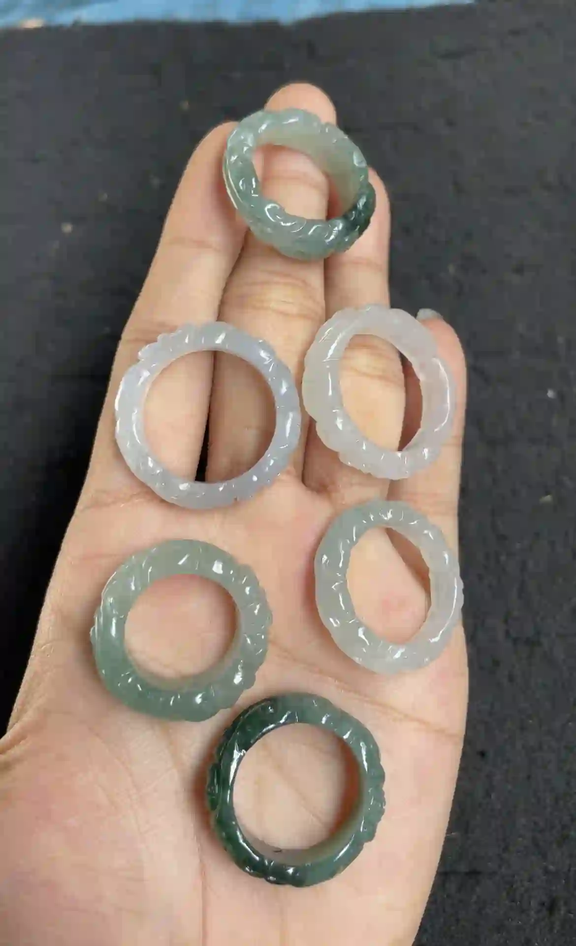 Set of Natural Jade Carved Rings in Assorted Colors | Myanmar Jadeite reference #2490005