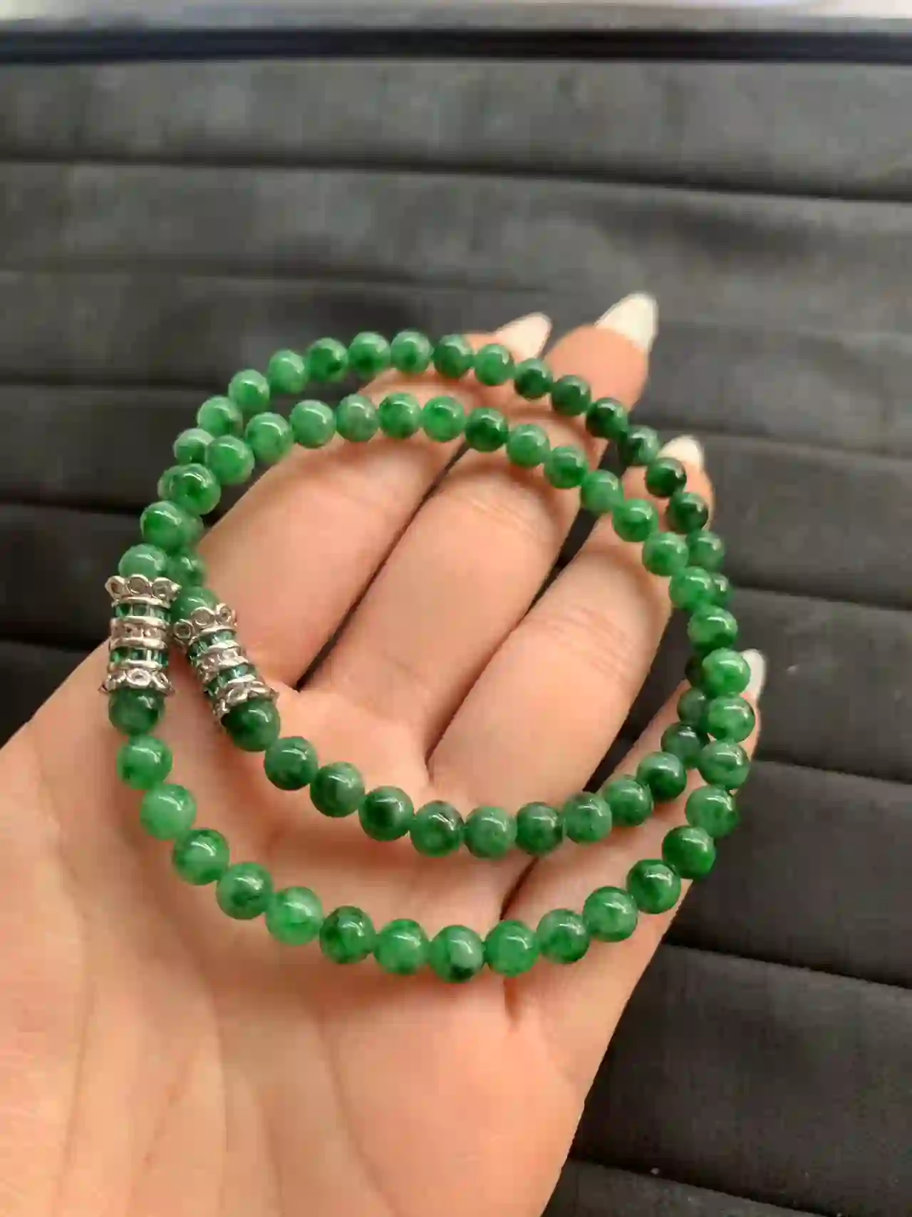  Deep Green Beaded Necklace with Silver-Toned Accents | Myanmar Jadeite reference #1440003