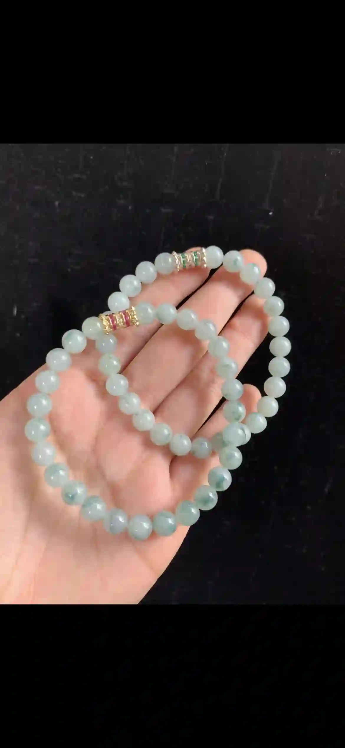 Icy Pale Blue-Green Jade Beaded Bracelet Set — Pink & Green Accent Beads | Myanmar Jadeite reference #35970001