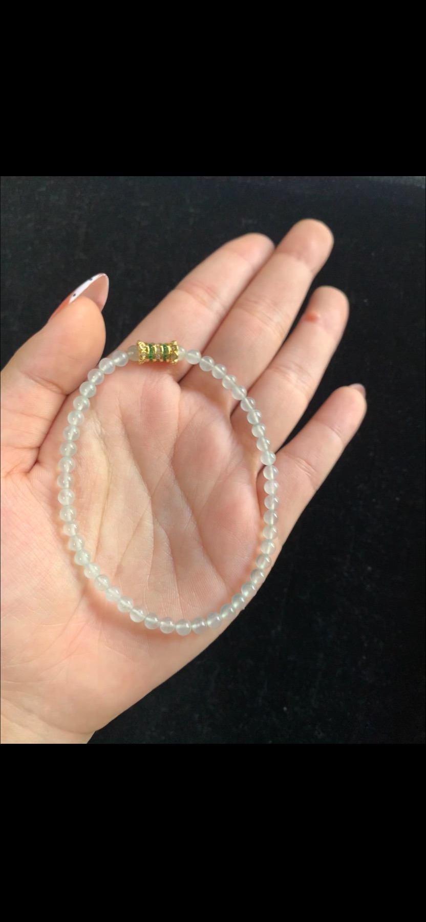 Natural Ice Variety Delicate Light Mint-Green Jadeite Small Bead Bracelet with Gold & Green Gemstone Accent | Myanmar Jadeite reference #38460001
