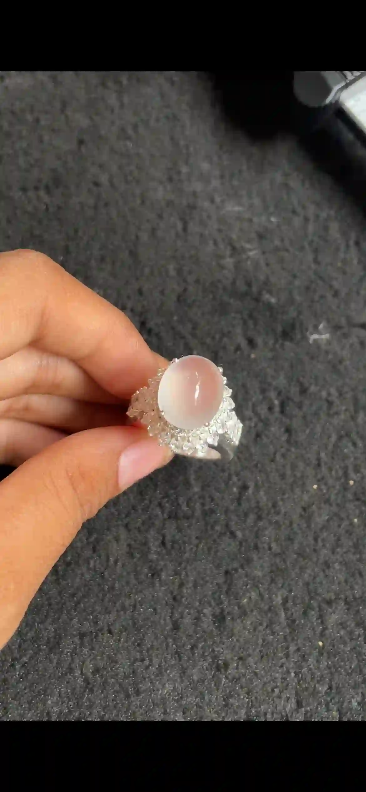 High-Icy Translucent White Jadeite Cabochon Ring with Diamond Halo | Myanmar Jadeite reference #7290001