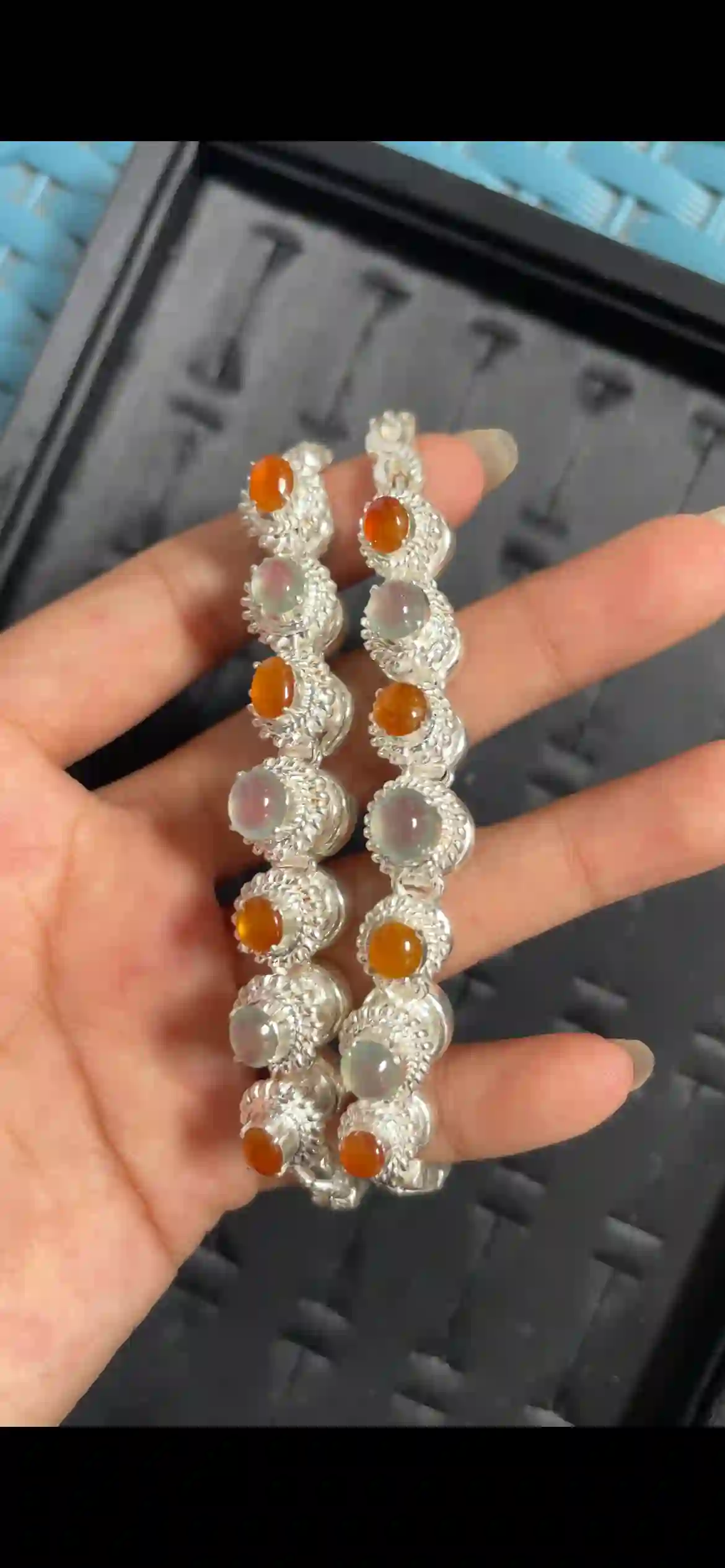 Two-Tone Orange & Icy Pale Jadeite Silver Link Bracelet Pair | Myanmar Jadeite reference #8640003