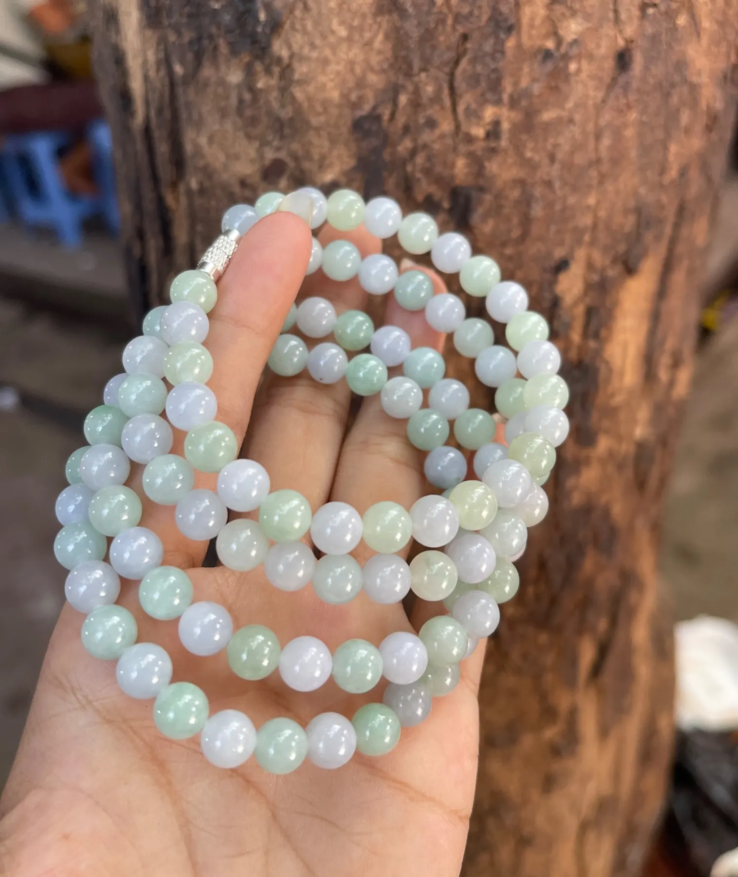 Natural High-Translucency Glassy/Ice Variety Multi-Strand Lavender & Mint Green Jadeite Bead Necklace / Bracelet Set with Silver Clasp | Myanmar Jadeite reference #39270001