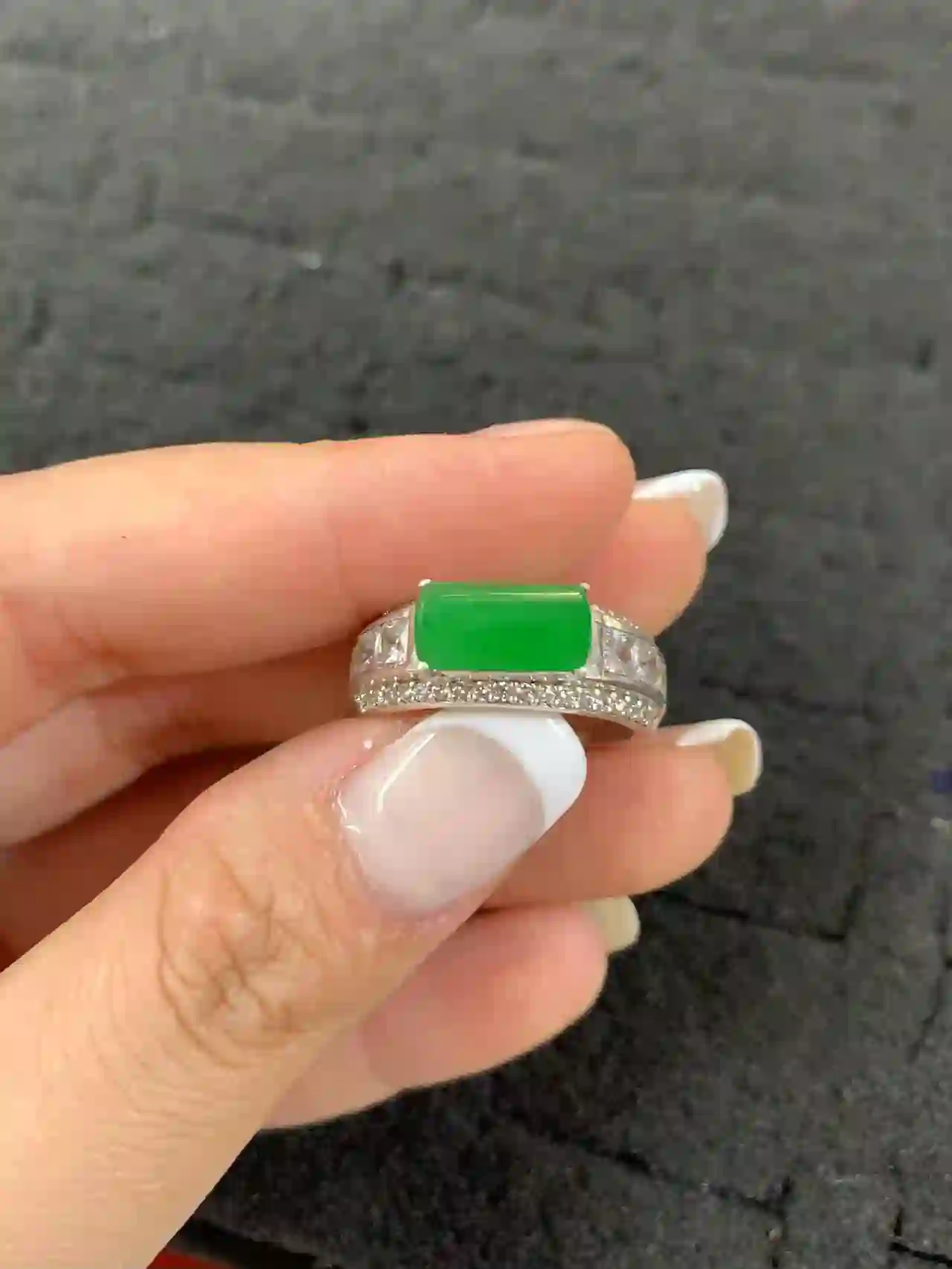 Green Gemstone and Diamond Accented Ring | Myanmar Jadeite reference #330001