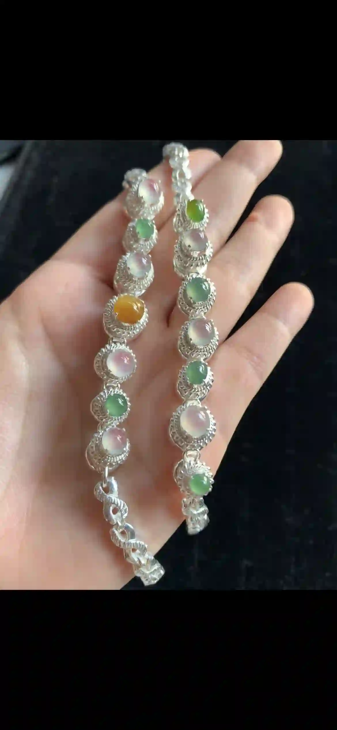 Pair of Multicolor Jade Cabochon Bracelets — Icy White, Celadon, & Golden Yellow in Silver | Myanmar Jadeite reference #33720001