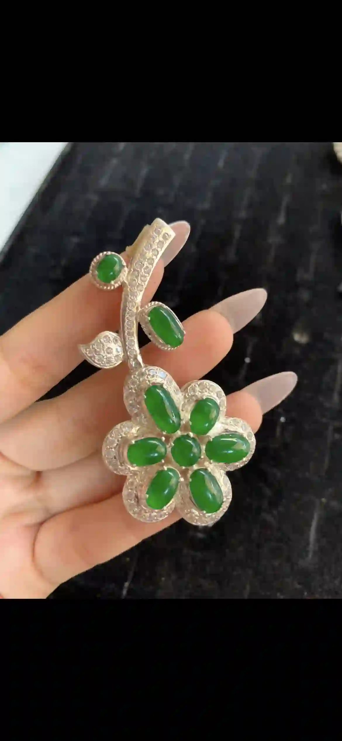 Imperial Green Jade Floral Brooch & Pendant — Sterling Silver with Pave Crystal Accents | Myanmar Jadeite reference #28860001