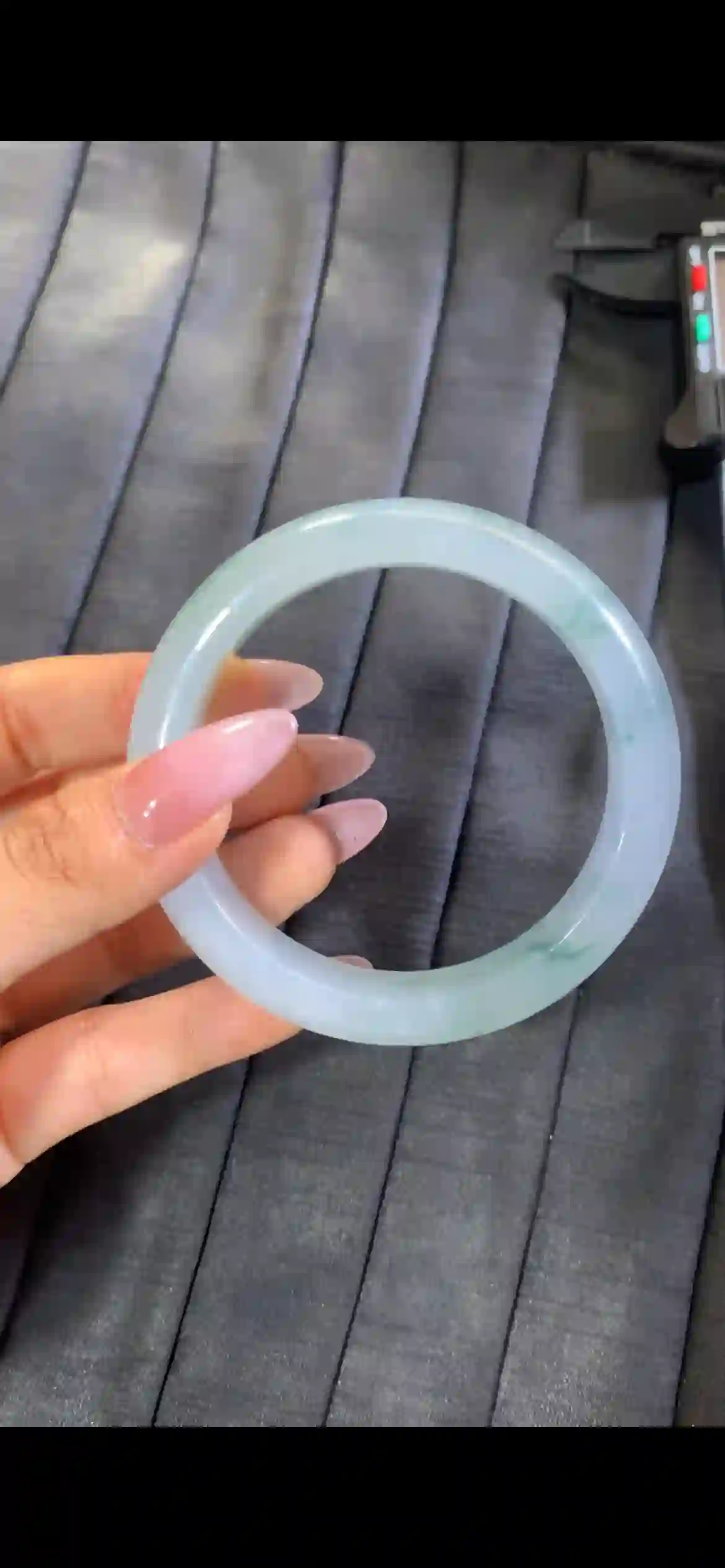 Natural Icy Floating Blue-Green Jadeite Round Bangle, view 2 | Myanmar Jadeite reference #7110003