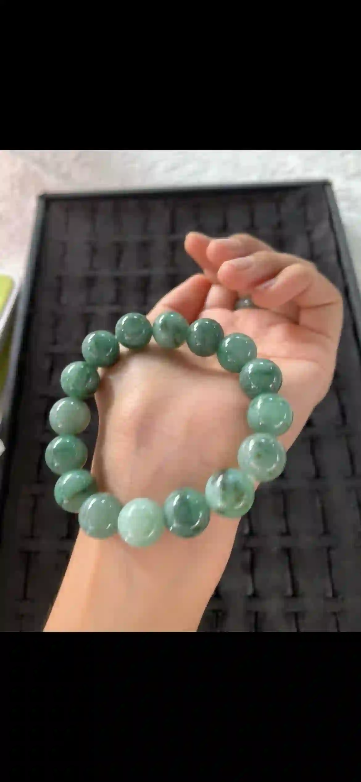 Deep Green Floating Jade Bead Bracelet — Large Round Beads, view 2 | Myanmar Jadeite reference #27630001