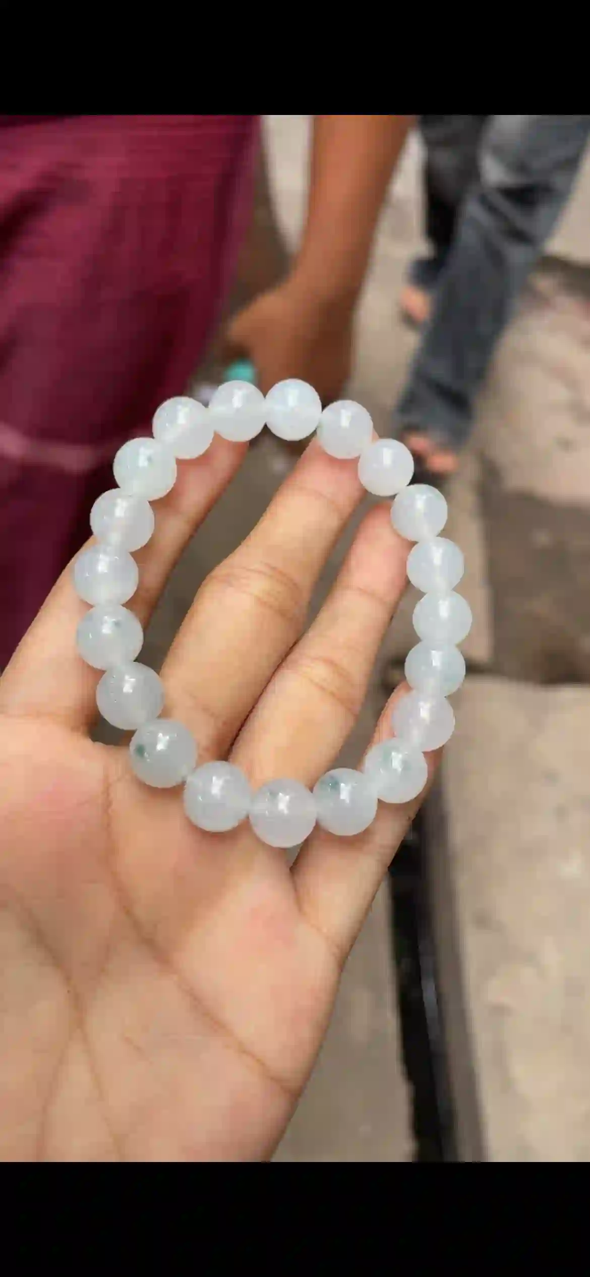  Icy White Floating Blue‑Green Jadeite Bead Bracelet | Myanmar Jadeite reference #9780001