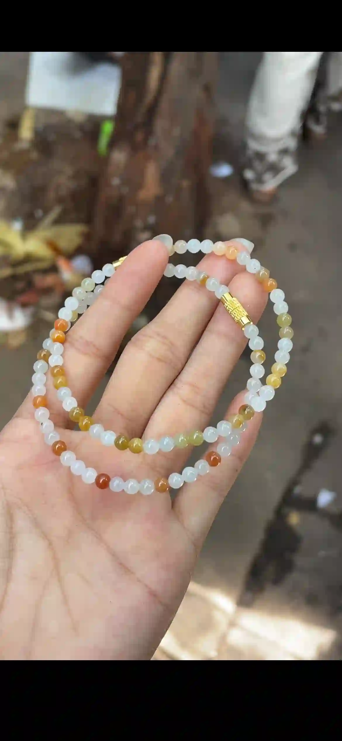 Tri‑Tone White‑Honey‑Orange Jade Double‑Strand Bracelet | Myanmar Jadeite reference #14610001