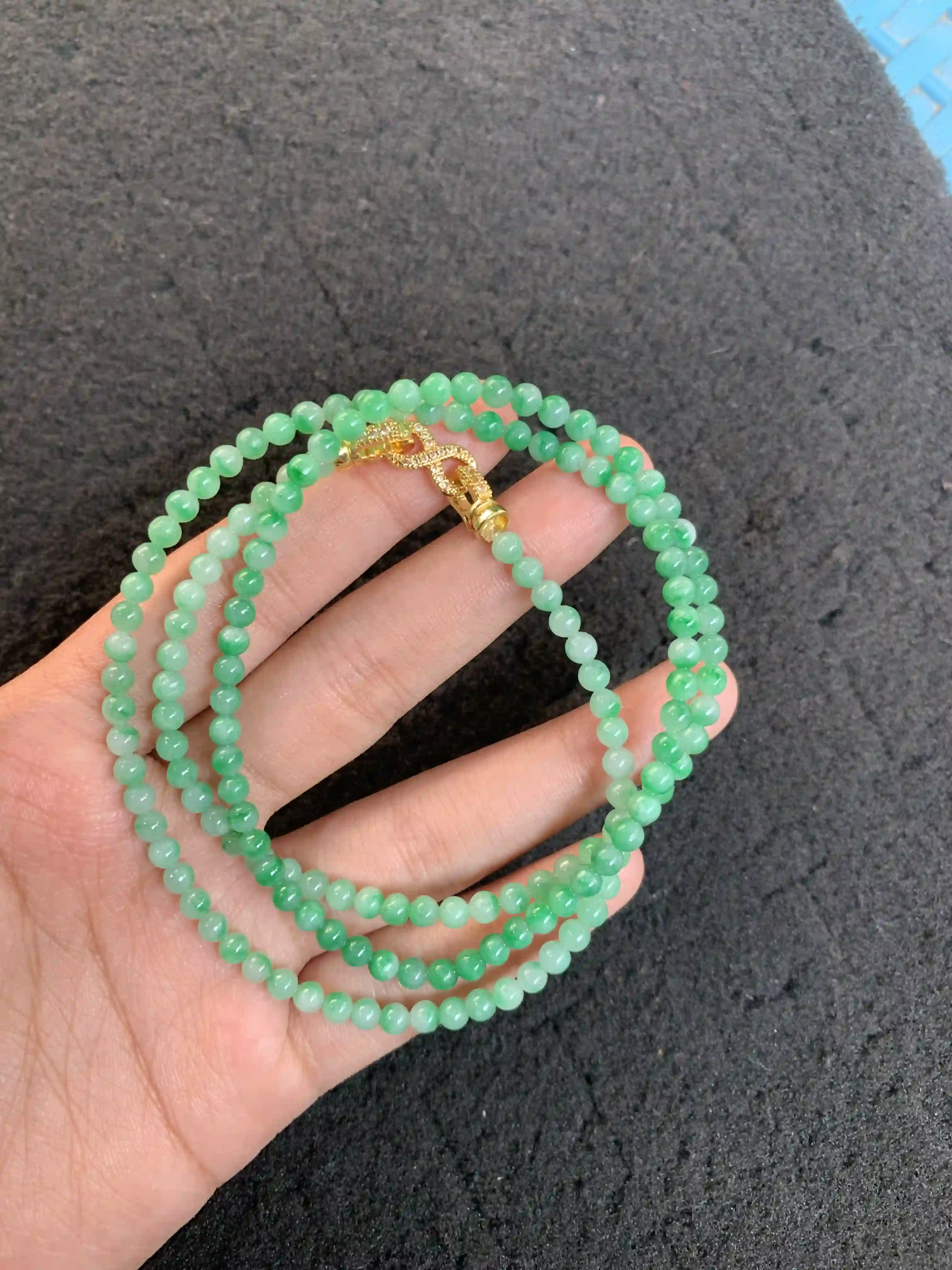 Delicate Multi-Strand Green Bead Necklace with Gold Clasp, view 2 | Myanmar Jadeite reference #1620004