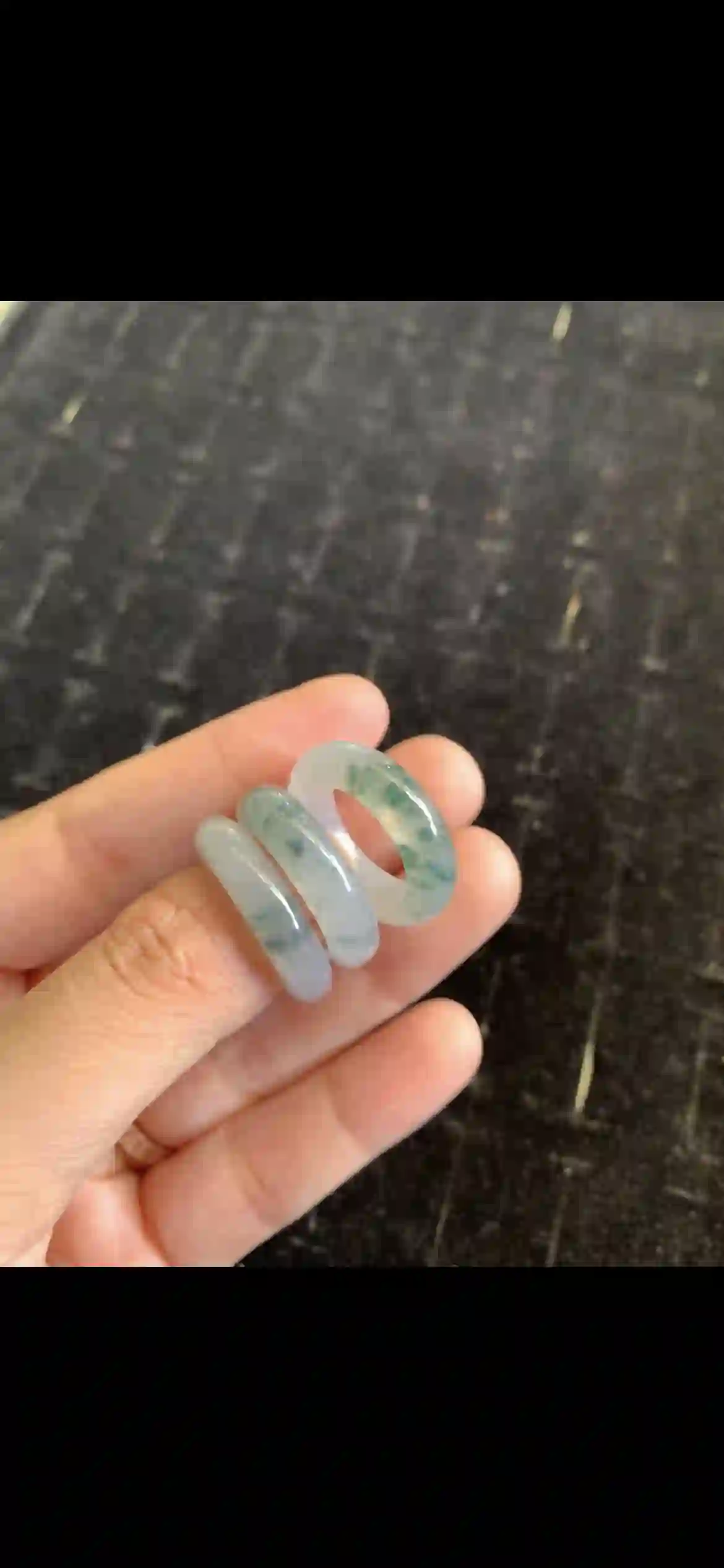 Icy Translucent Jade Band Rings with Floating Green Inclusions — Set of 3 | Myanmar Jadeite reference #21210001