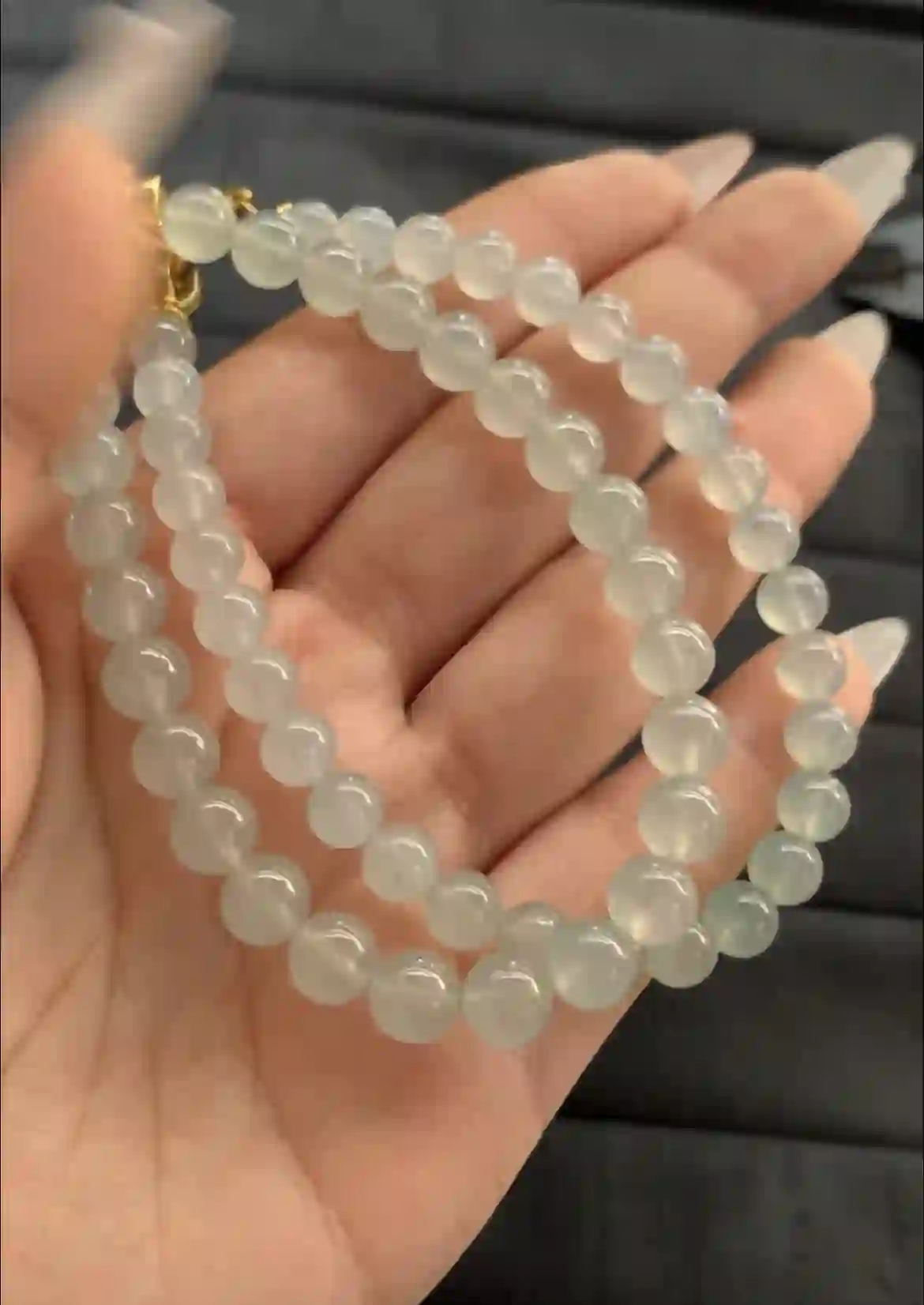 Double-Strand Light Grayish-Green Translucent Beaded Necklace with Gold Clasp, view 2 | Myanmar Jadeite reference #1260003