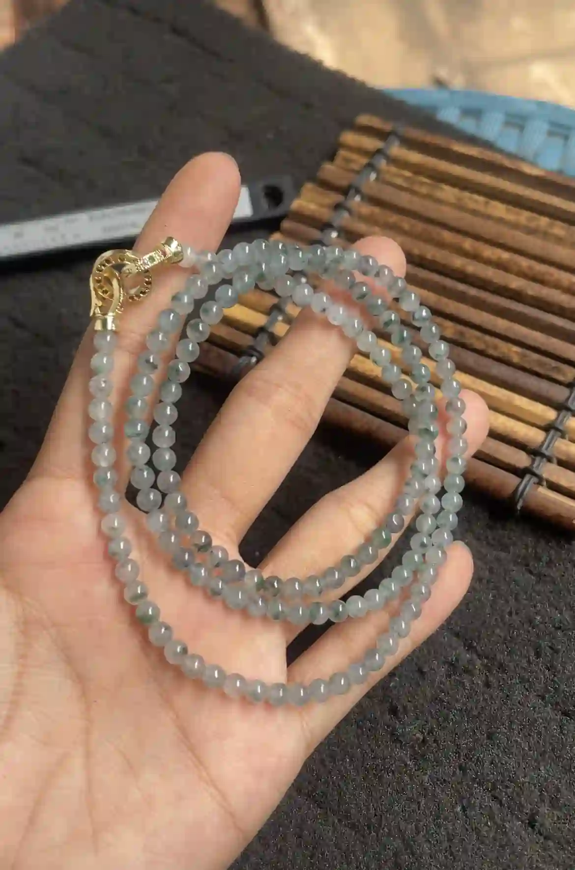 Natural Green Mottled Jade Beaded Necklace, view 2 | Myanmar Jadeite reference #2340005