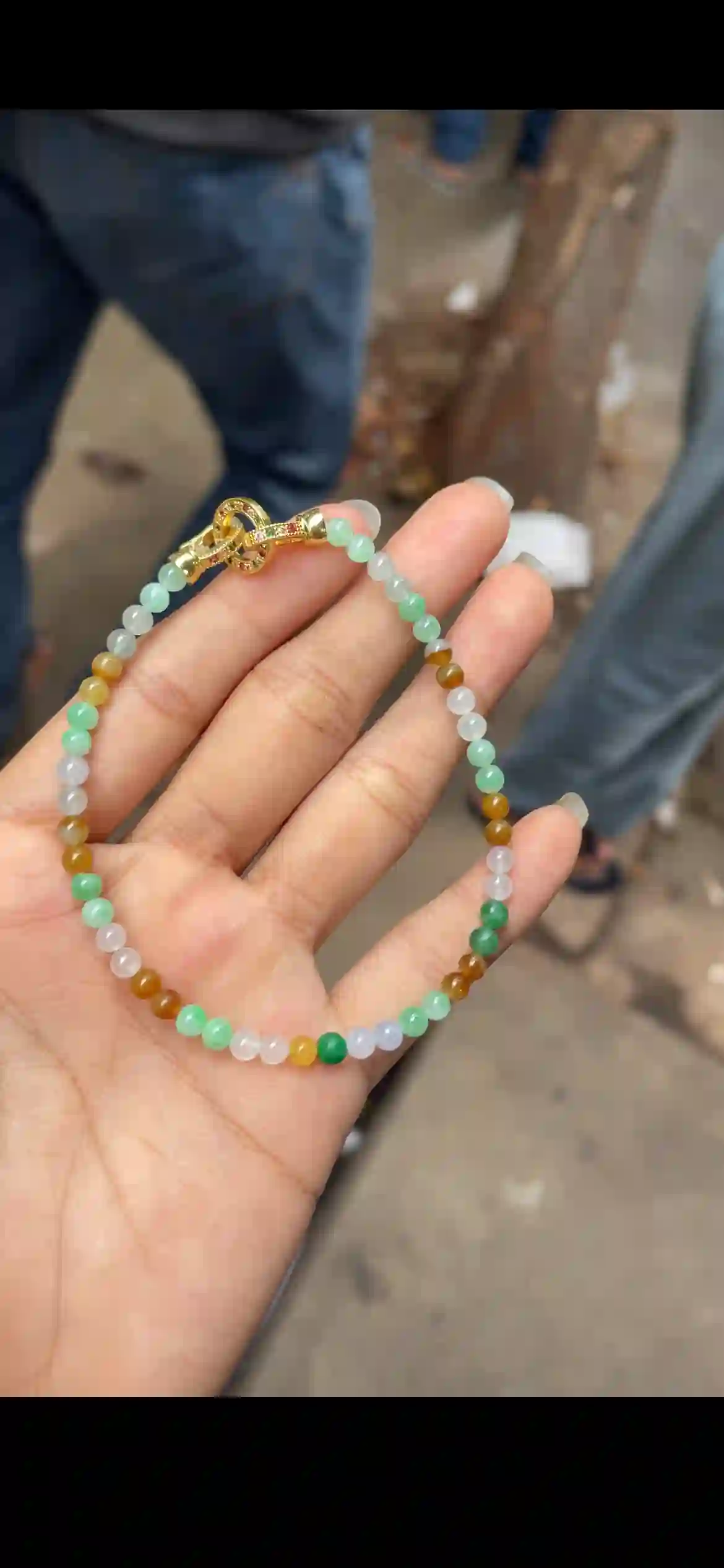 Tri-Color Icy Jadeite Dainty Bead Bracelet with Gold Clasp | Myanmar Jadeite reference #11820001