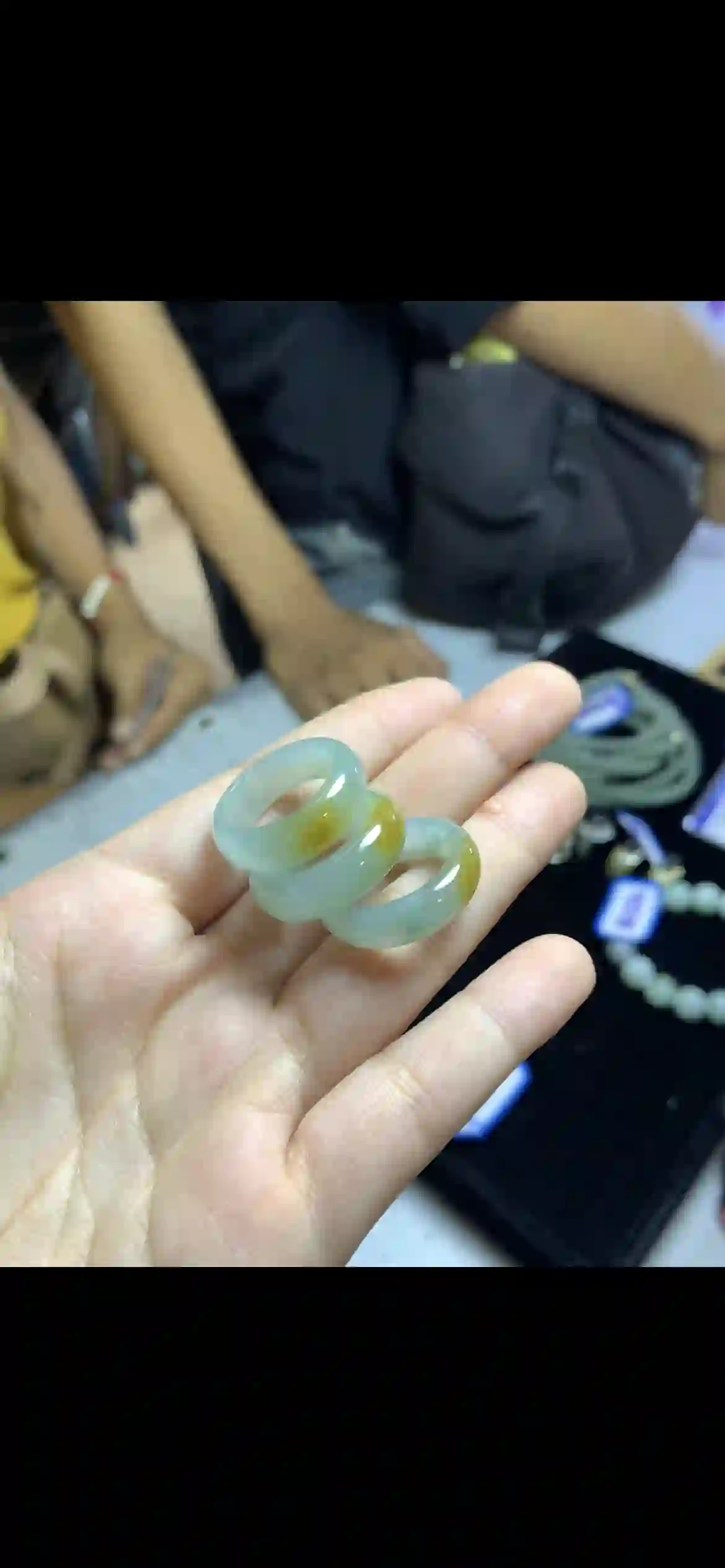 Icy Blue‑Green with Honey‑Yellow Jade Band Rings, view 2 | Myanmar Jadeite reference #14580001