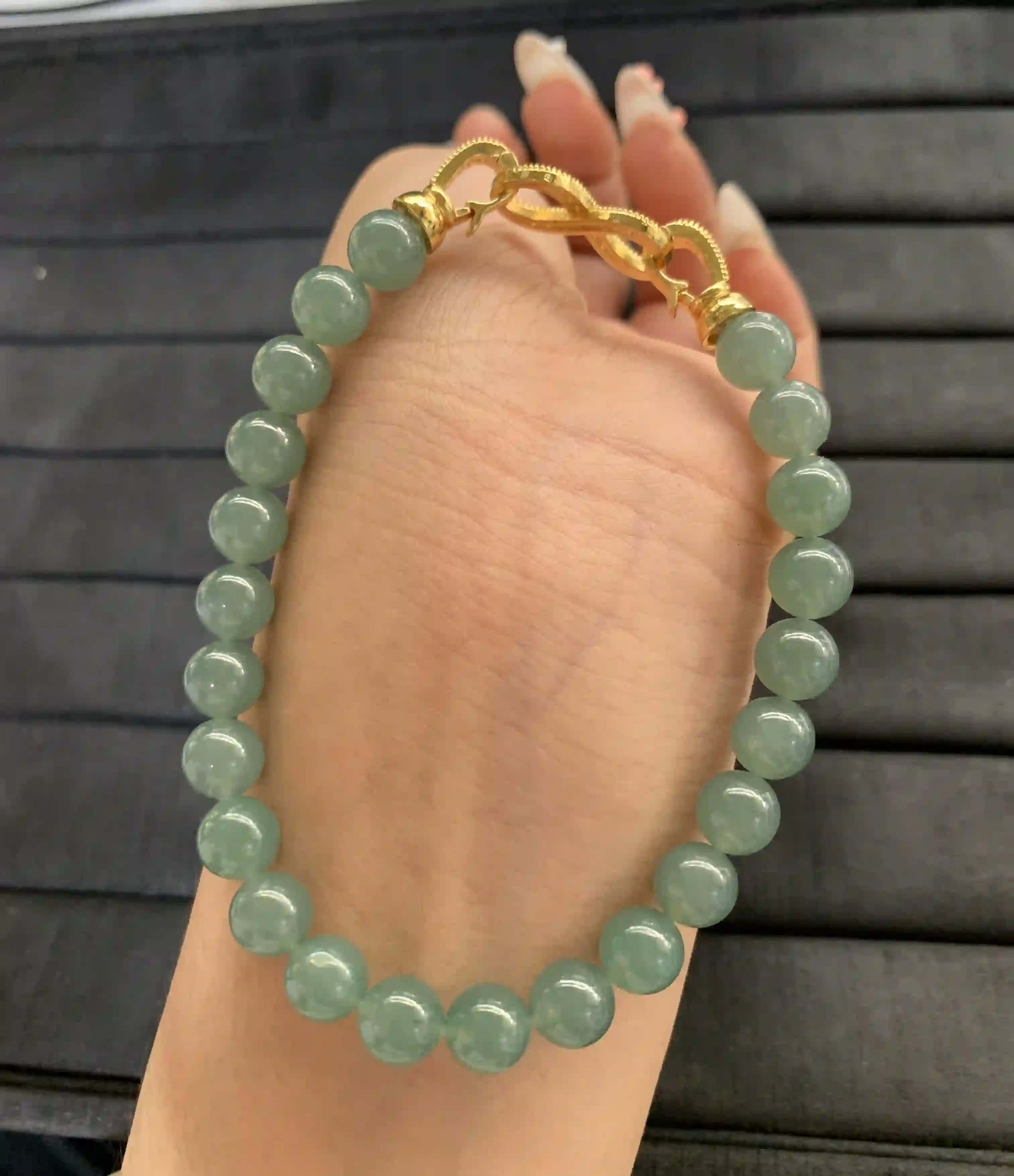 Jade Green Beaded Bracelet with Ornate Gold Clasp, view 2 | Myanmar Jadeite reference #1650005