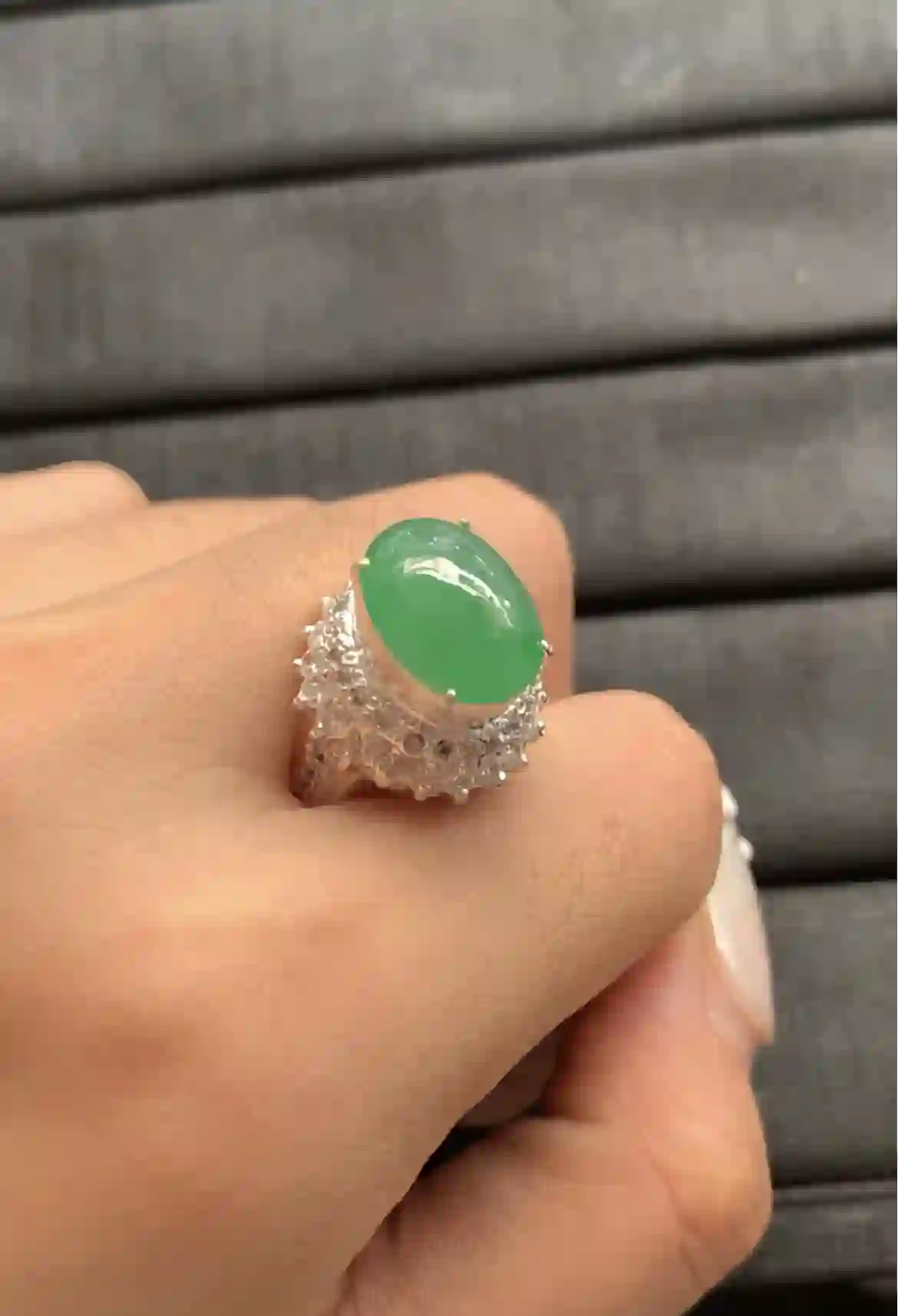  Natural Vivid Green Jade Textured Silver Ring | Myanmar Jadeite reference #1770008