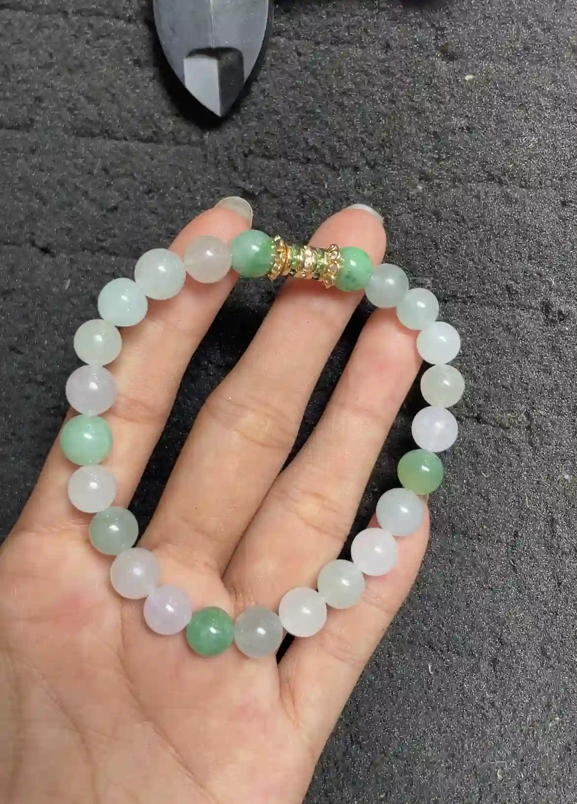  Multicolor Icy Jadeite Beaded Bracelet with Gold Plated Gemstone Accent | Myanmar Jadeite reference #3900001