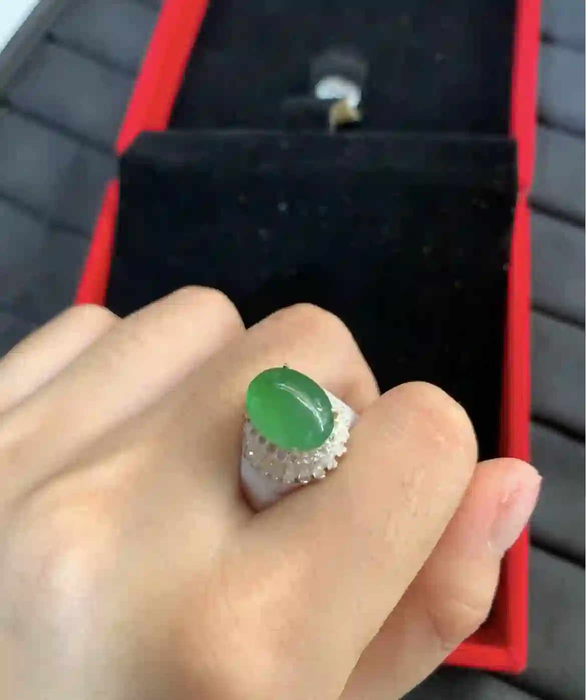 Exquisite Green Jade Cabochon Ring, view 2 | Myanmar Jadeite reference #1950004
