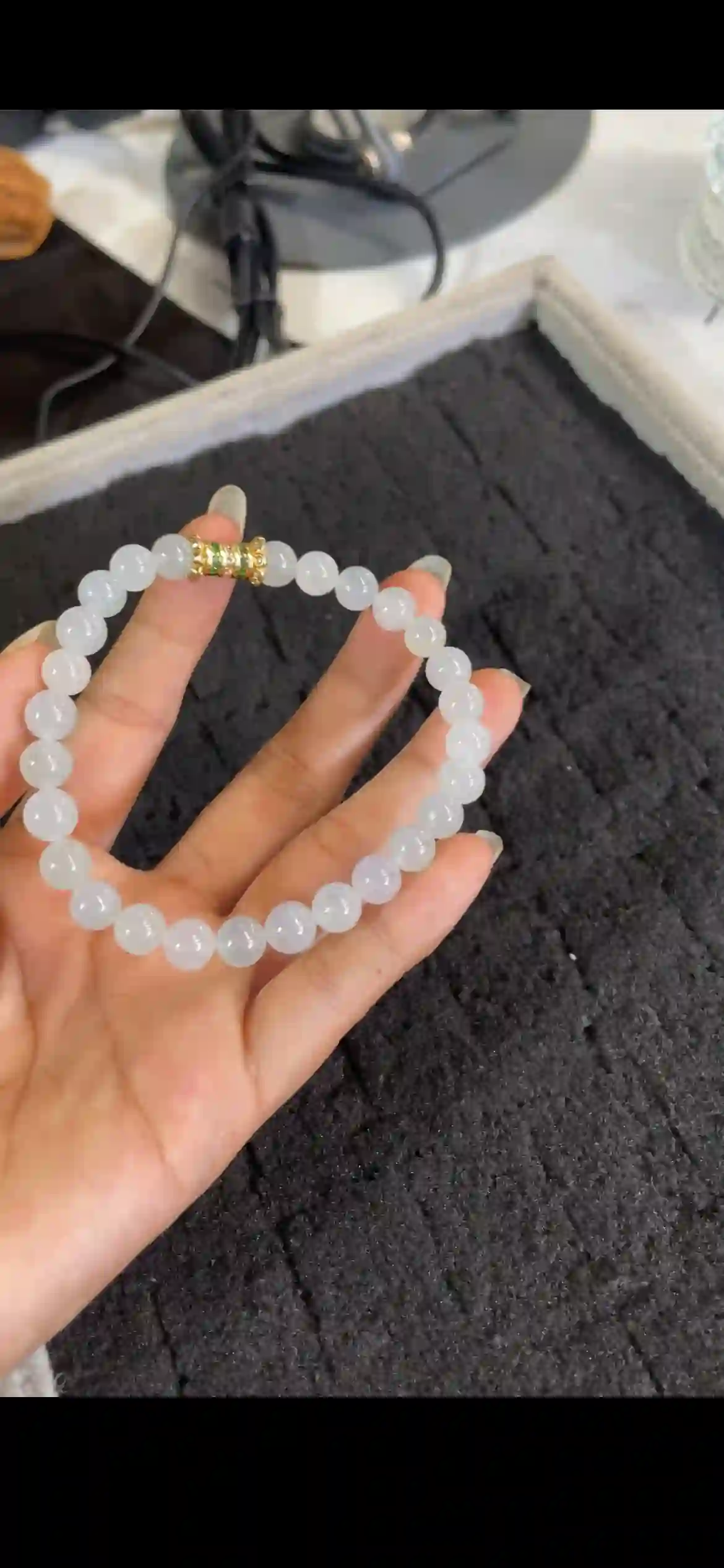 Icy Pale White Jade Bracelet with Ornate Gold Accent, view 2 | Myanmar Jadeite reference #25800001