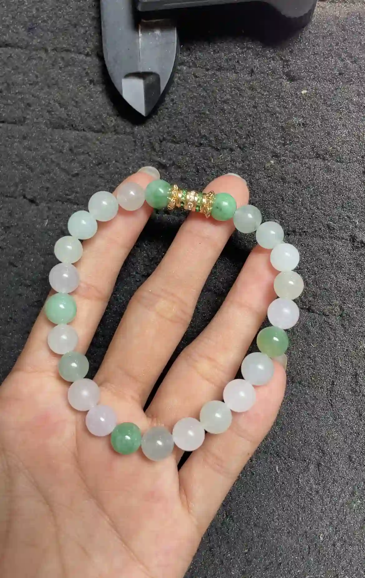  Multicolor Icy Jadeite Beaded Bracelet with Gold Plated Gemstone Accent, view 2 | Myanmar Jadeite reference #3900001