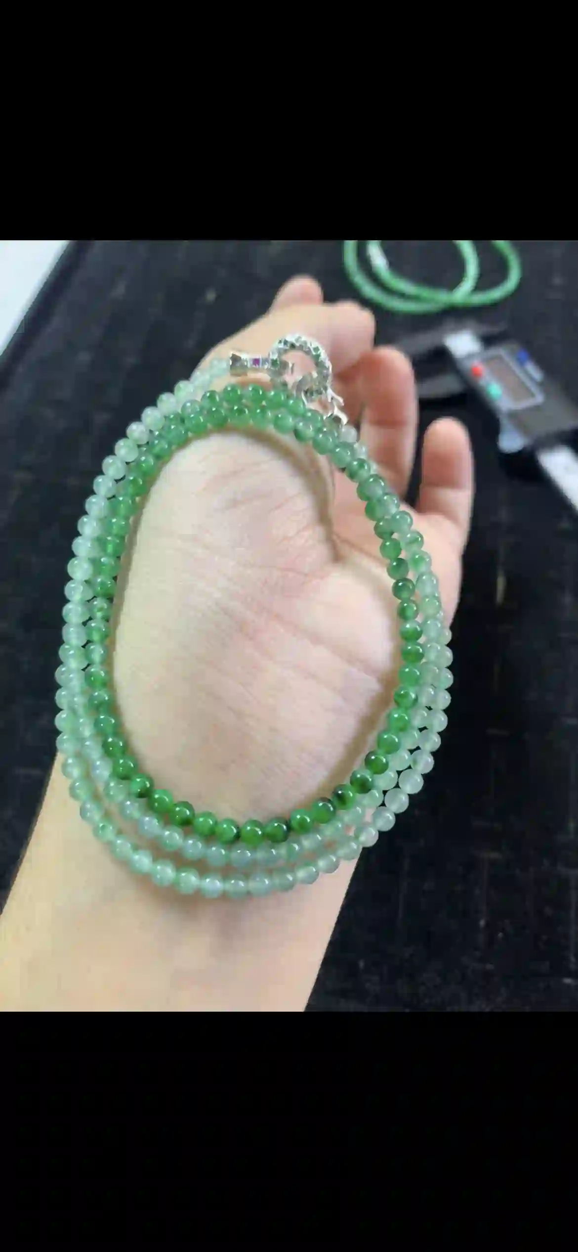 Three-Tone Green Gradient Jade Bead Necklace with Sparkling Crystal Clasp, view 2 | Myanmar Jadeite reference #21360001