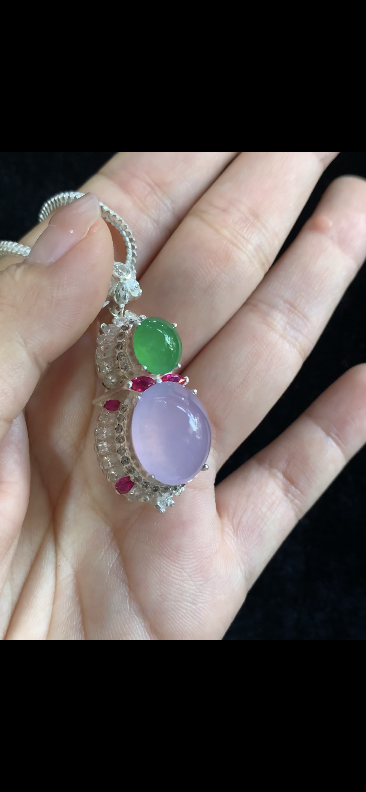 Lavender & Emerald Green Jade Pendant with Pink Accents