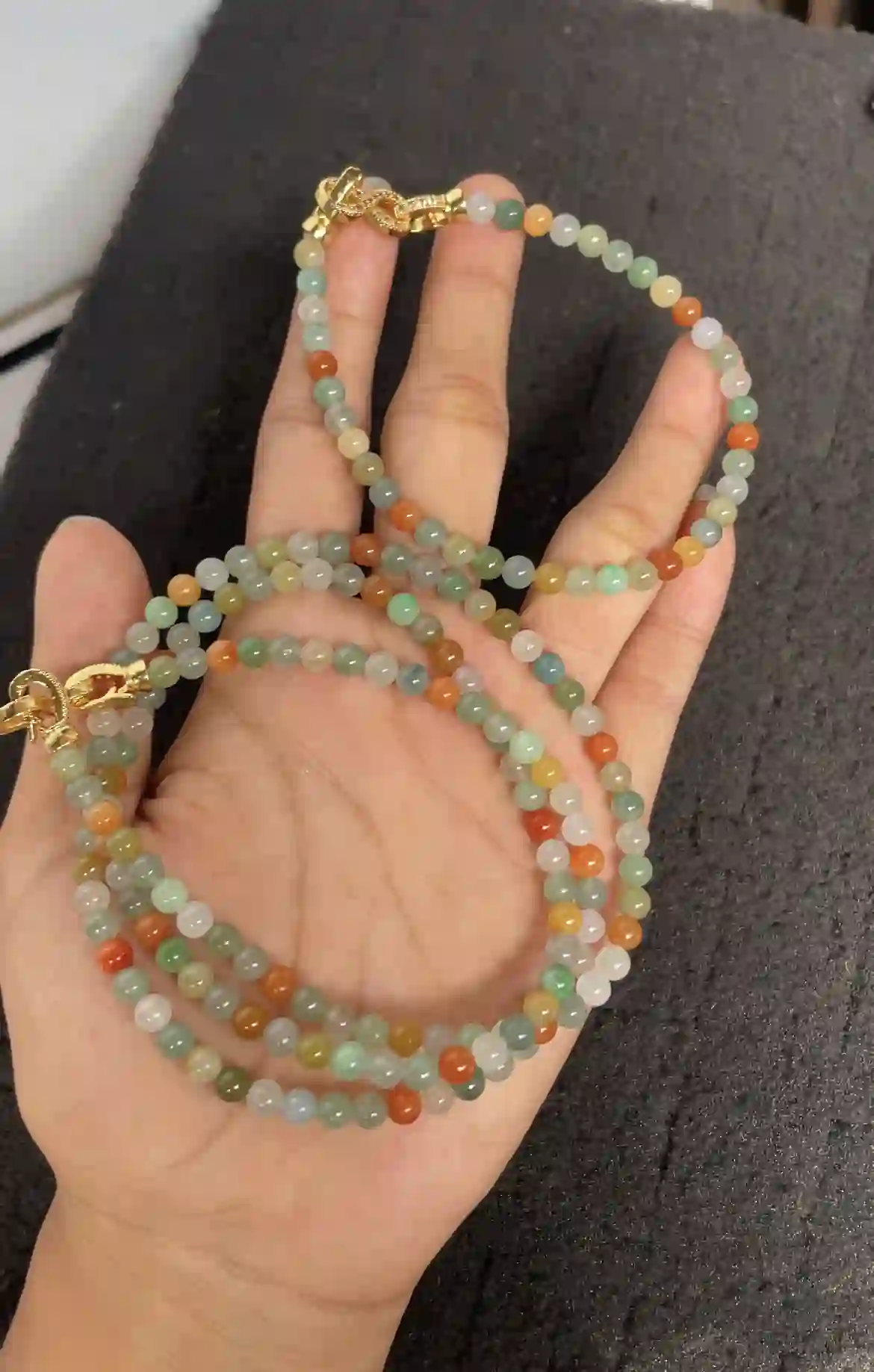 Multicolor Icy Jadeite Beaded Long Necklace with Gold Plated Clasp | Myanmar Jadeite reference #3480001