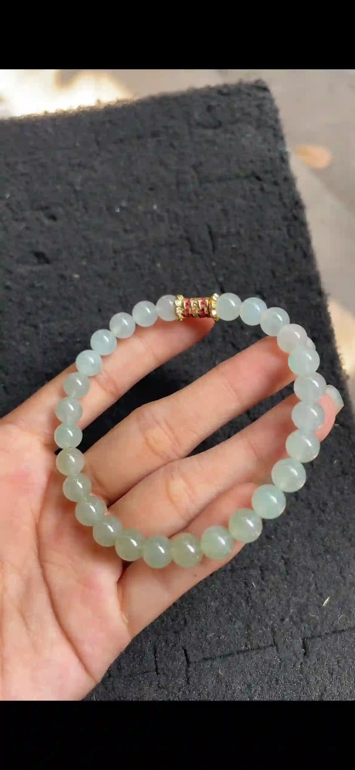  Icy Translucent Light Green Jade Bead Bracelet with Gold & Red Accent | Myanmar Jadeite reference #4740001