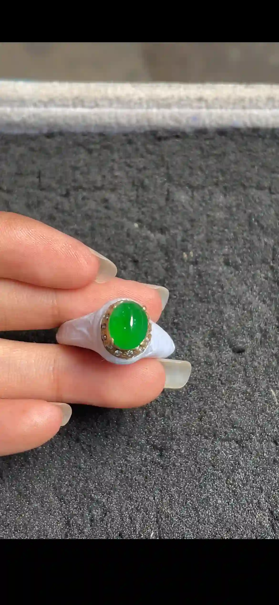 Vibrant Emerald Green Cabochon Ring with Diamond Halo Setting, view 2 | Myanmar Jadeite reference #18210001