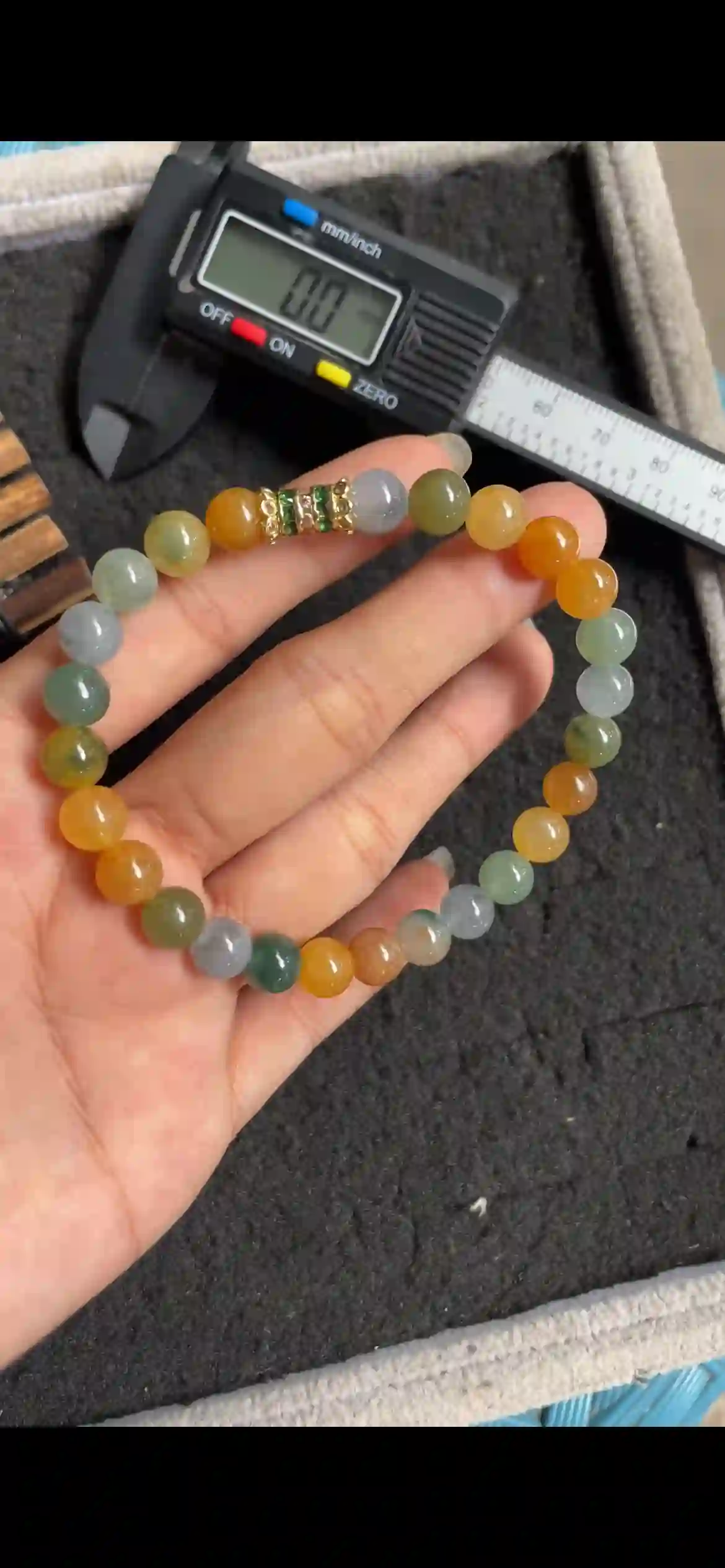   Multicolor Icy Jade Bead Bracelet with Gold & Gemstone Accent Spacer, view 2 | Myanmar Jadeite reference #5640001
