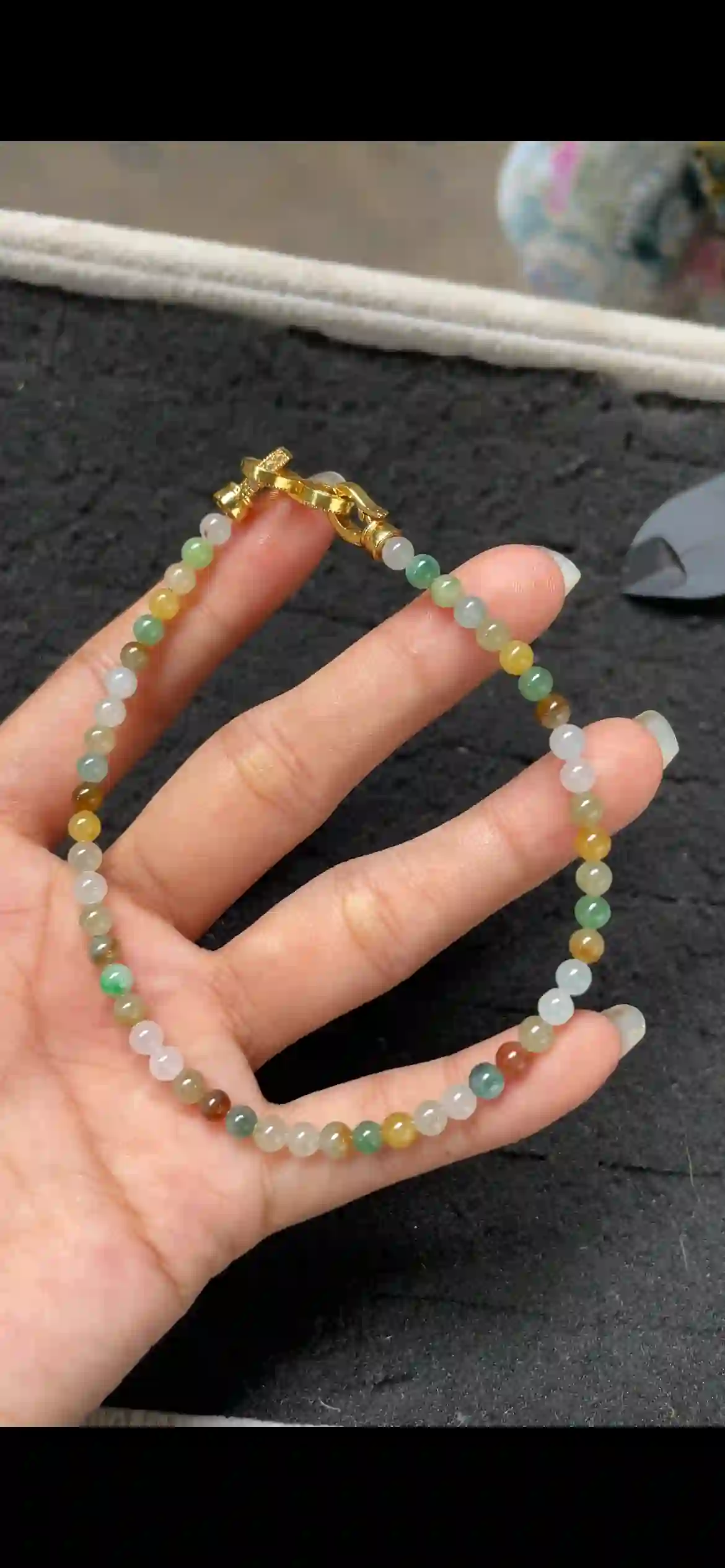 Multicolor Icy Jade Bead Bracelet – Tiny Round Gemstones in Green, Yellow, White & Red with Gold Clasp | Myanmar Jadeite reference #5460001