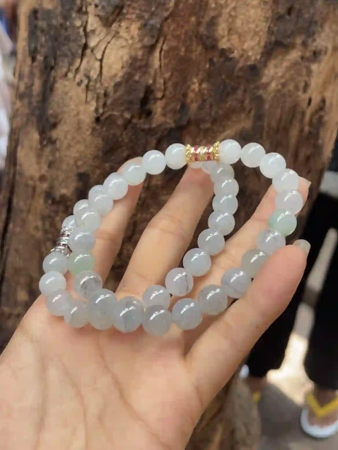   Icy Translucent White Jadeite Double Strand Bracelet with Gold & Silver Plated Accents, view 2 | Myanmar Jadeite reference #3300003