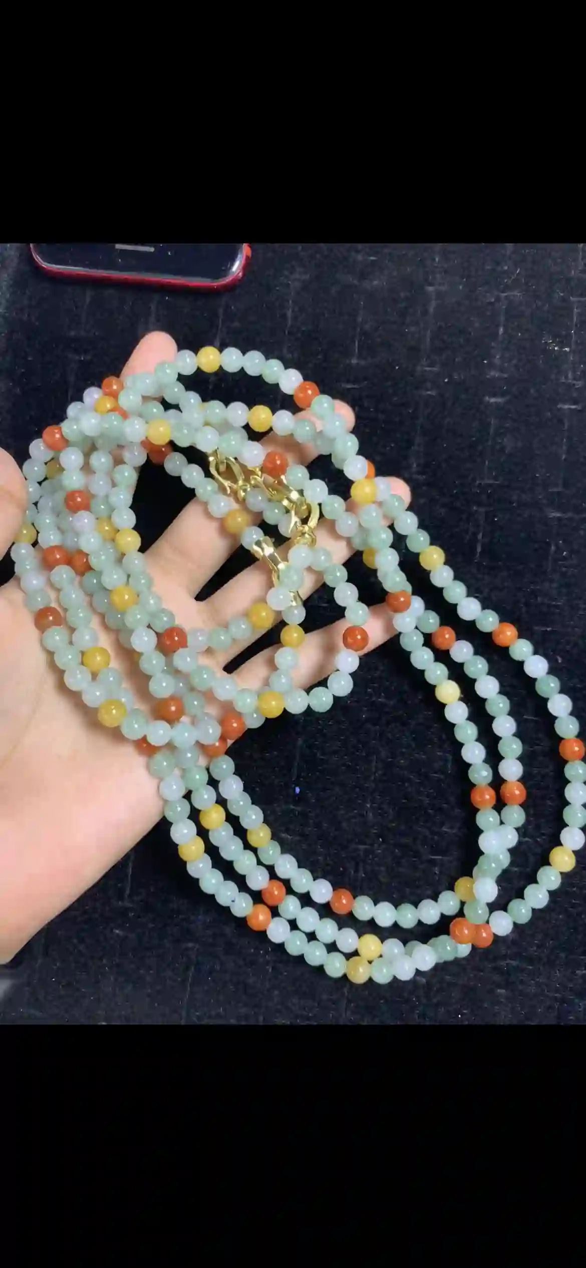 Three-Tone Multicolor Jade Long Necklace — Triple Strand with Gold Clasp | Myanmar Jadeite reference #28680001