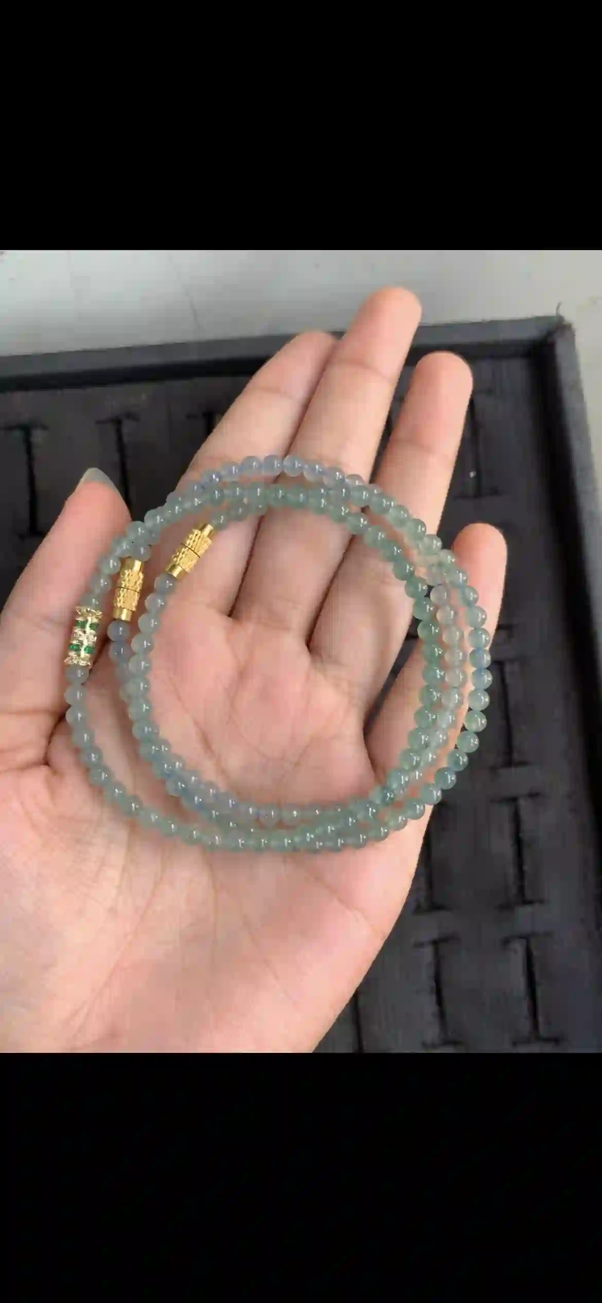 Double-Strand Icy Blue-Green Jade Bead Bracelet with Gold & Gemstone Clasps | Myanmar Jadeite reference #17340001