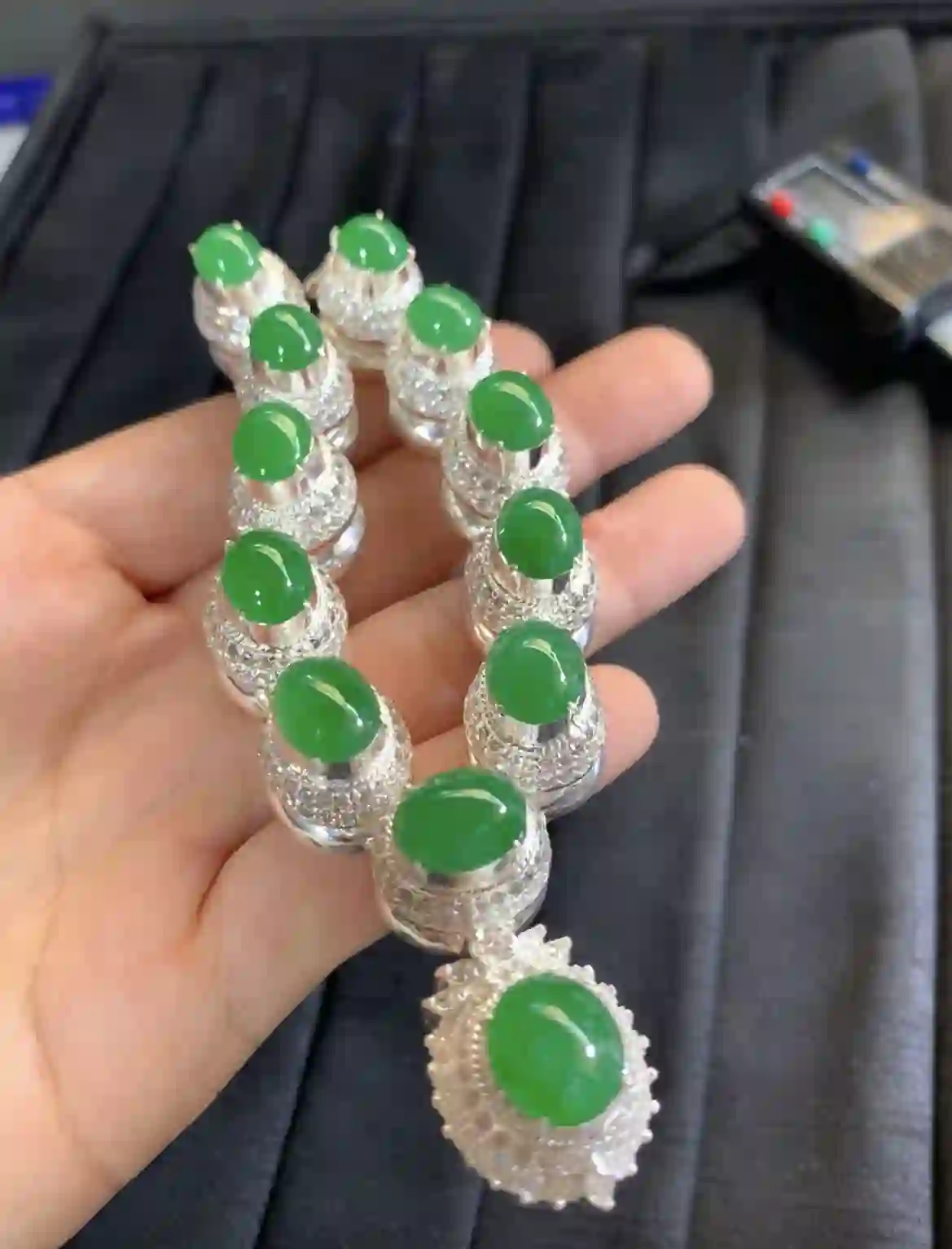 Luxurious Green Jade & Silver Bracelet, view 2 | Myanmar Jadeite reference #2670003