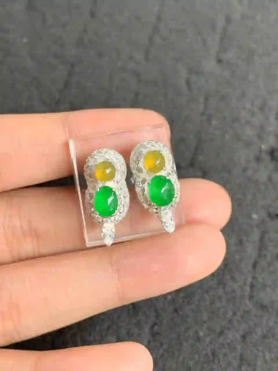 Pair of Silver-Toned Earrings with Green and Yellow Gemstones, view 2 | Myanmar Jadeite reference #1260009