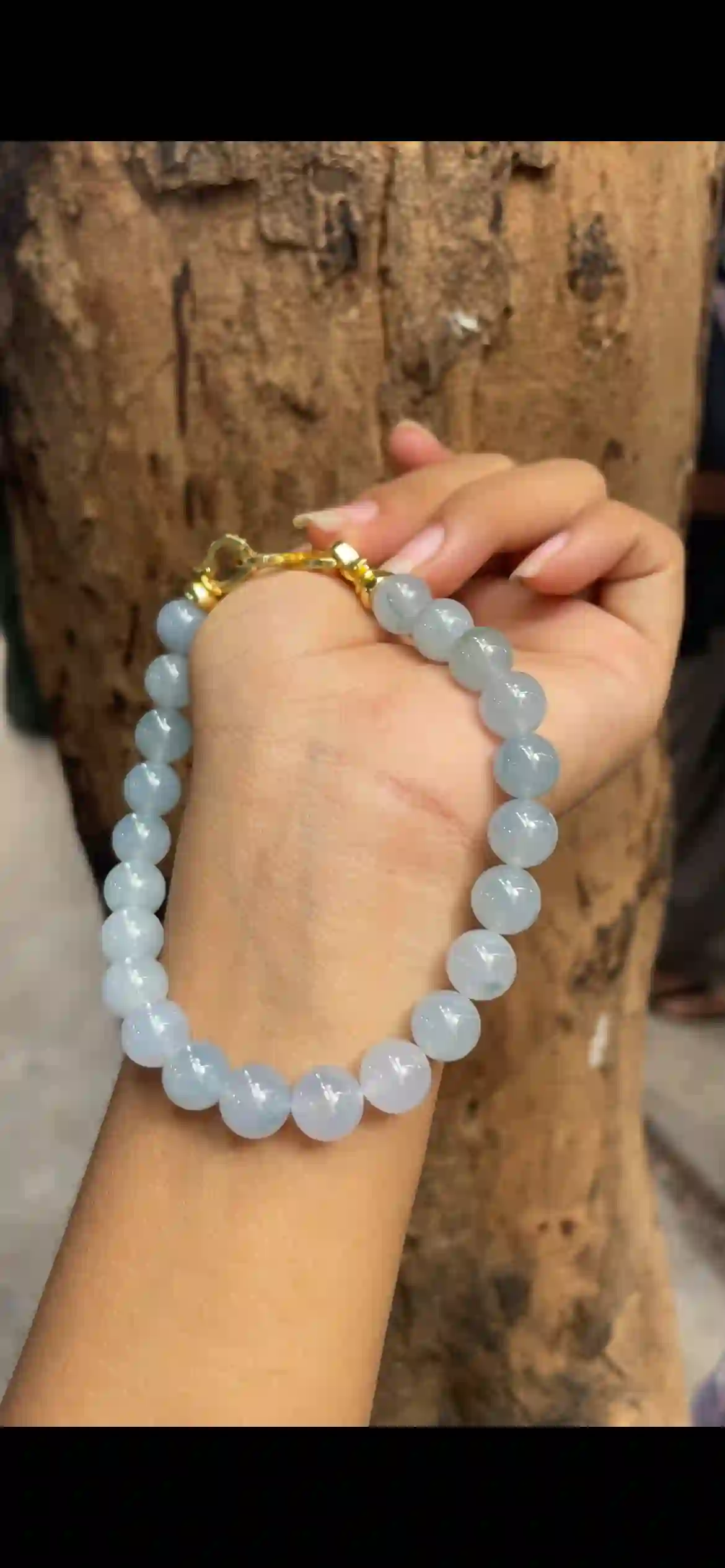 Icy Pale Lavender‑Blue Jadeite Bead Bracelet with Gold‑Tone Clasp, view 2 | Myanmar Jadeite reference #9540005