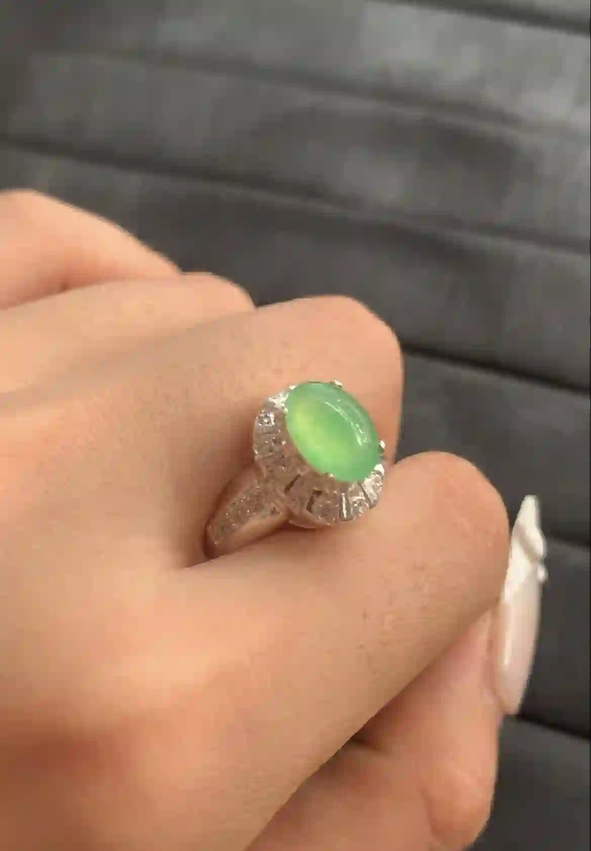 : Translucent Green Oval Gemstone Ring with Silver-Toned Setting | Myanmar Jadeite reference #1440004