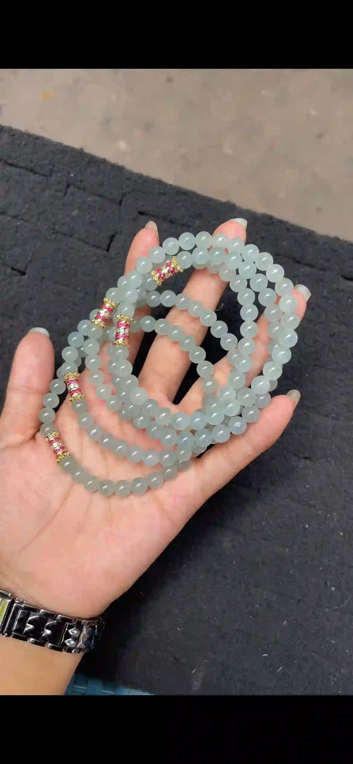 Icy Pale Blue-Green Translucent Jadeite Multi-Strand Bracelet with Gold Accents, view 2 | Myanmar Jadeite reference #4650005
