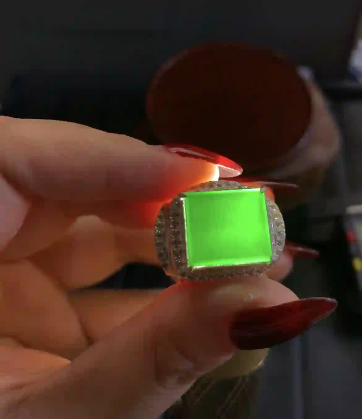 Vibrant Green Square Gemstone Ring with Diamond Accents | Myanmar Jadeite reference #2940001