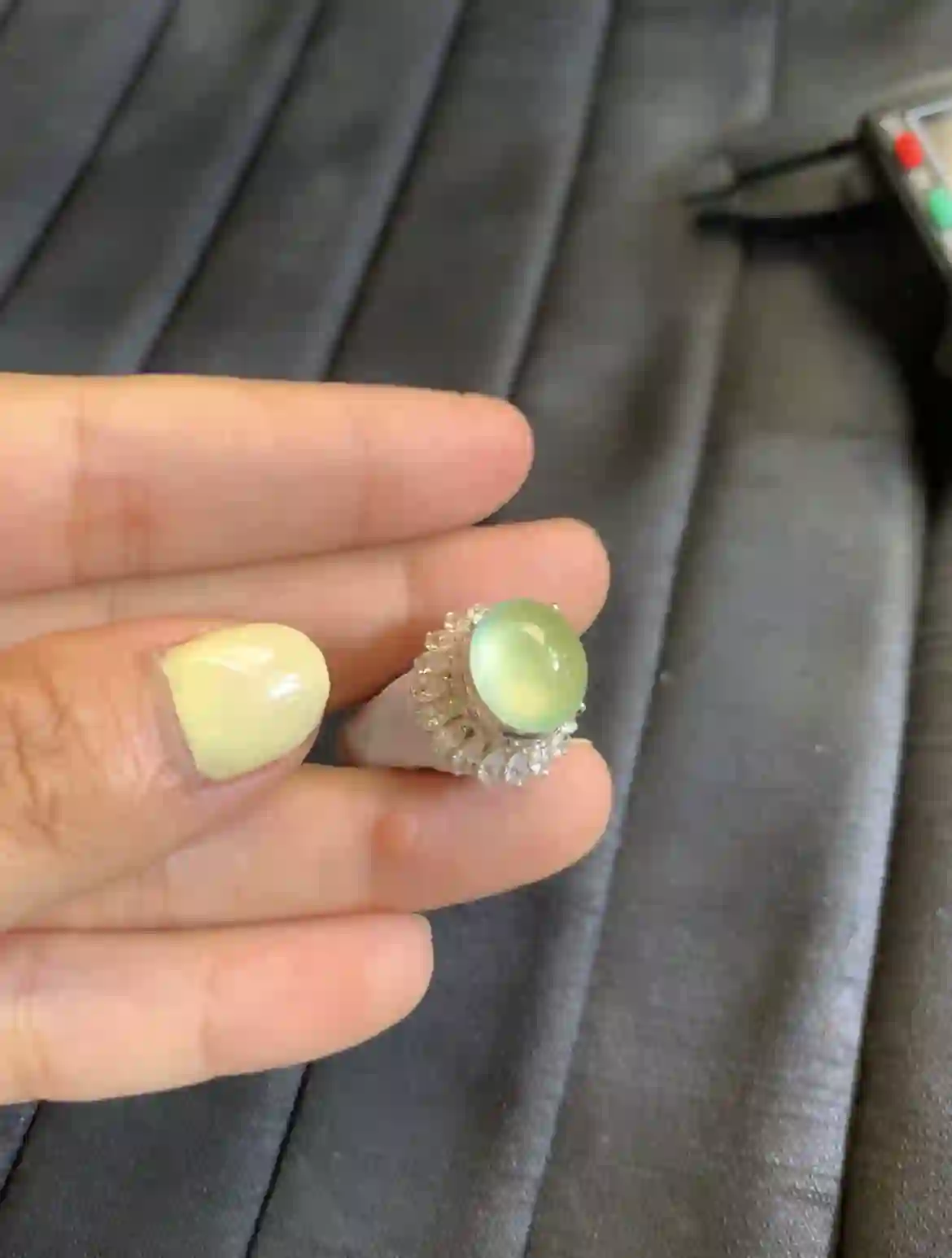Icy Green Jade Halo Ring | Myanmar Jadeite reference #2670005