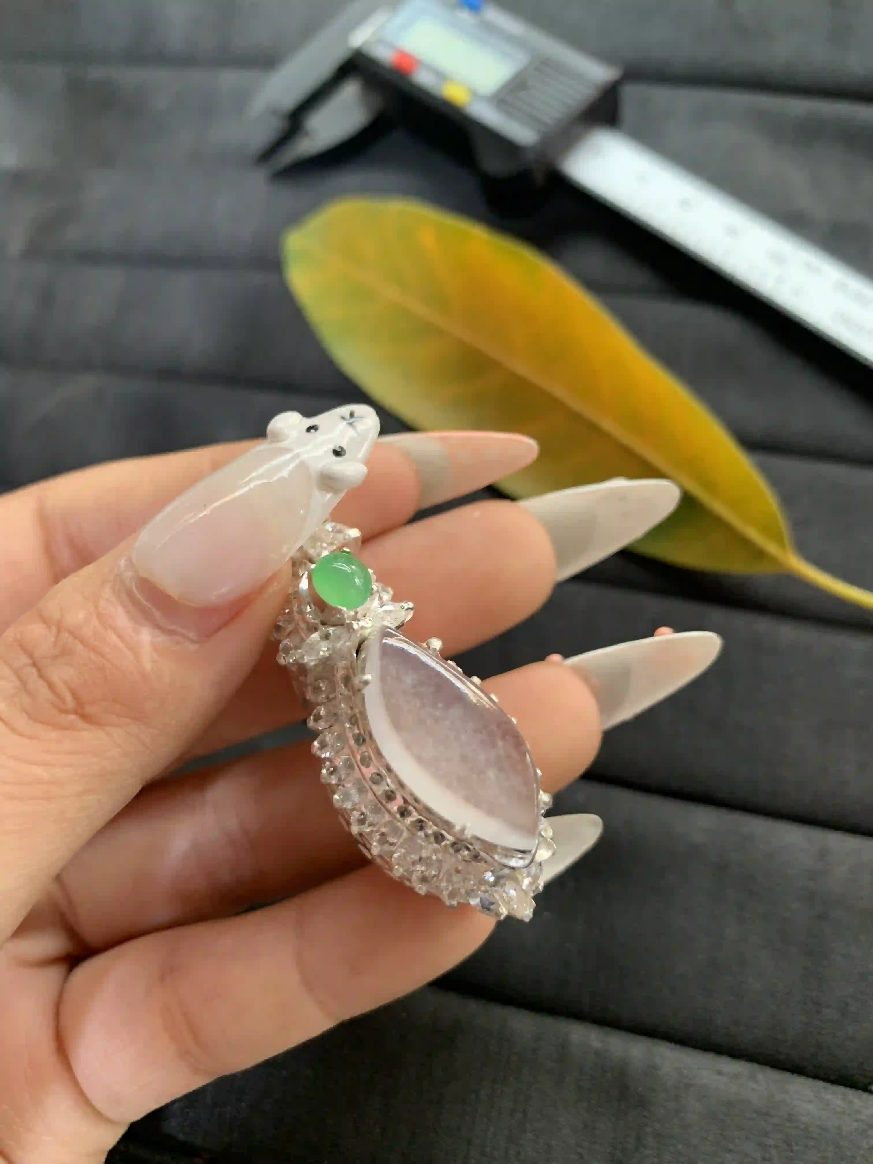 Marquise-Shaped Lavender Jadeite Ring with Green Accent and Clear Stone Border, view 2 | Myanmar Jadeite reference #1410005