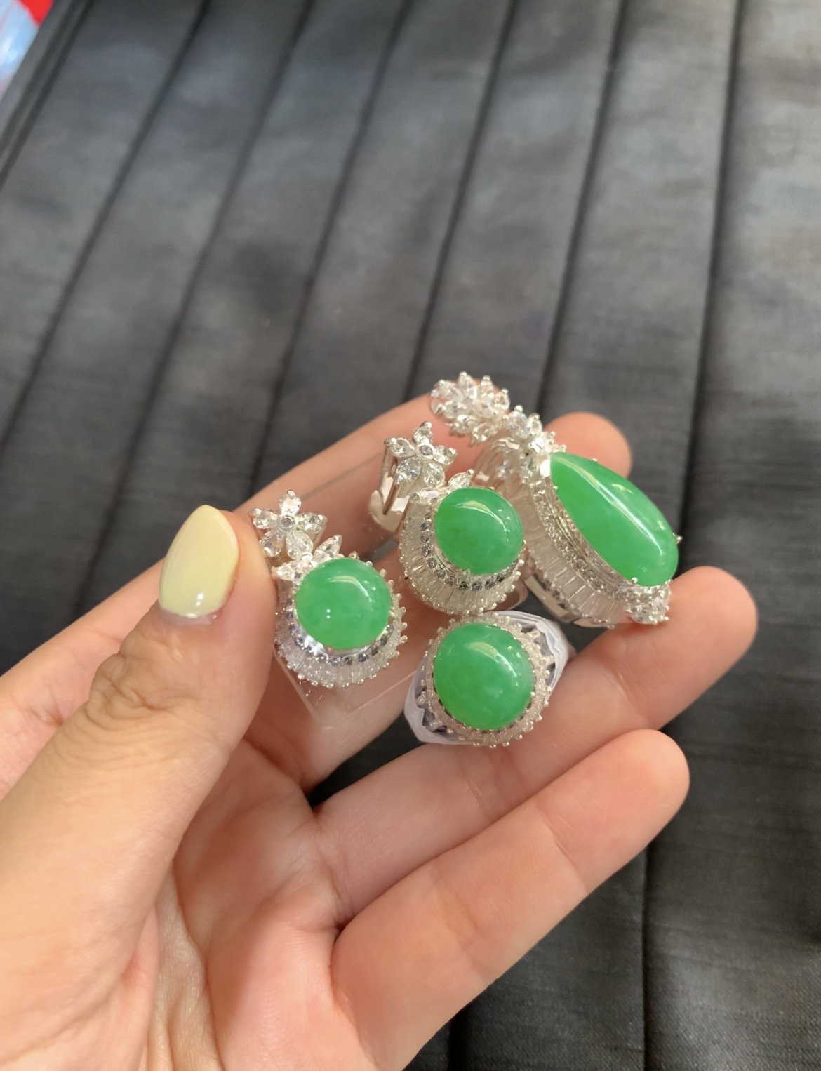   Natural Vivid Green Jade Jewelry Set with Diamond Accents - Burmese Jadeite from Myanmar