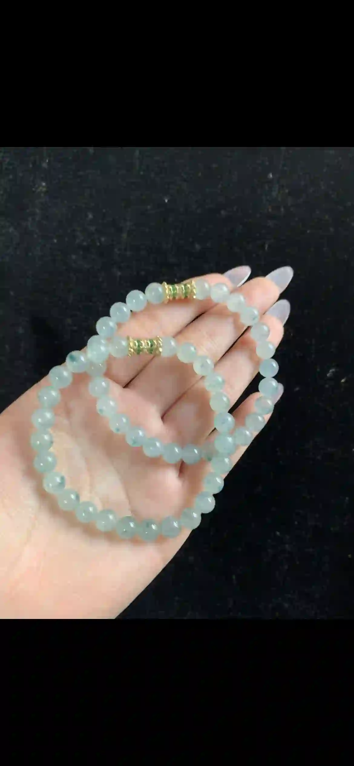 Icy Floating Blue Jade Double-Strand Bracelet with Gold & Emerald Accents | Myanmar Jadeite reference #33180001